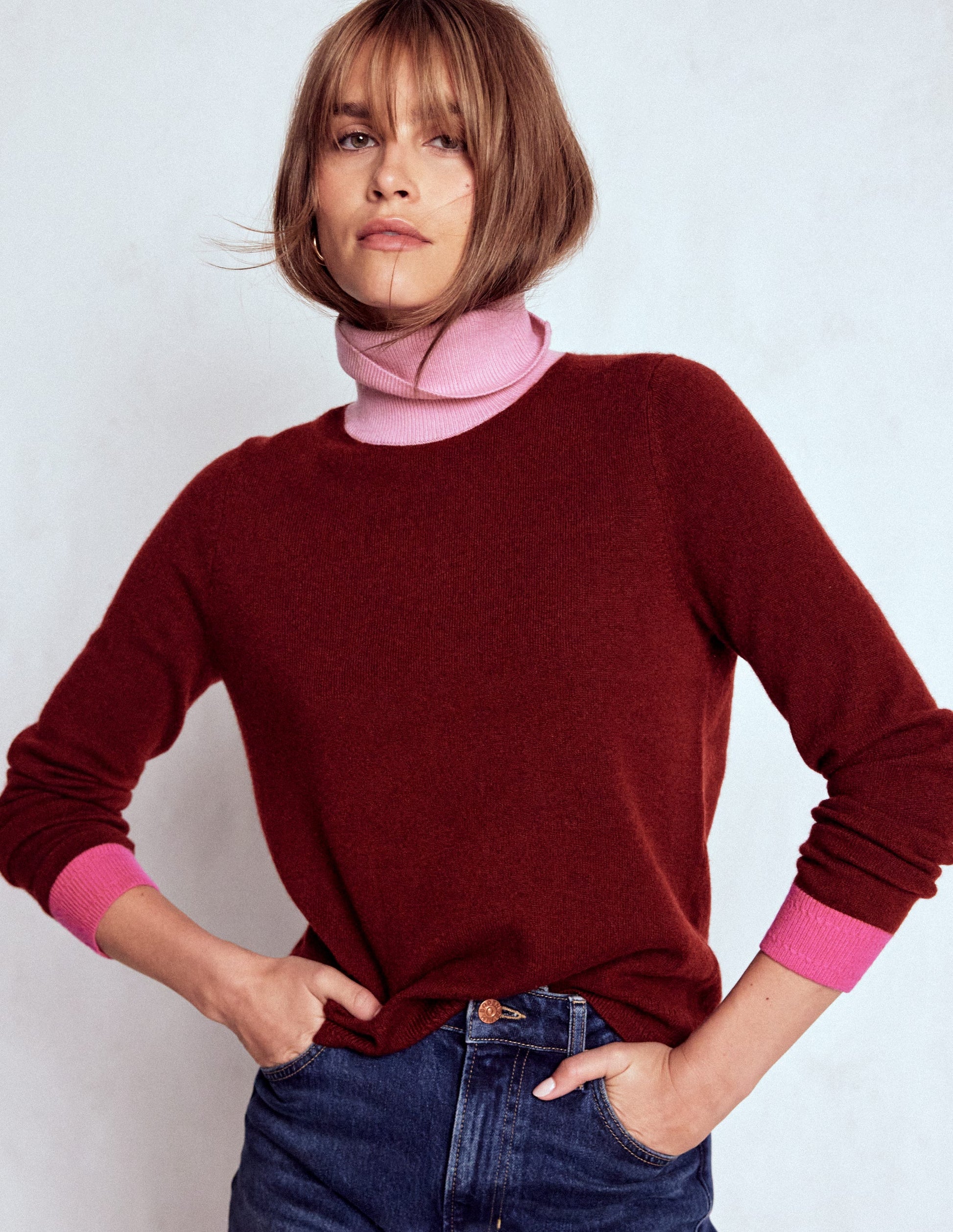 Eva Cashmere Roll Neck Jumper-Chestnut, Colour Block-4