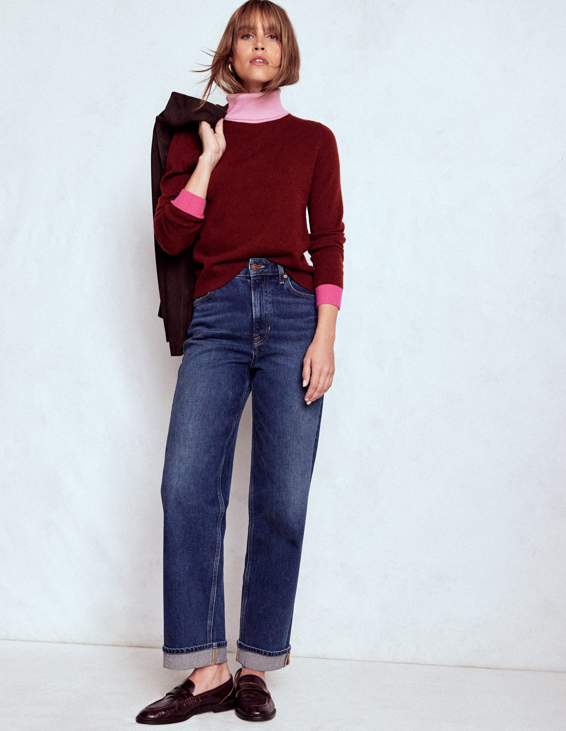 Eva Cashmere Roll Neck Jumper-Chestnut, Colour Block-5