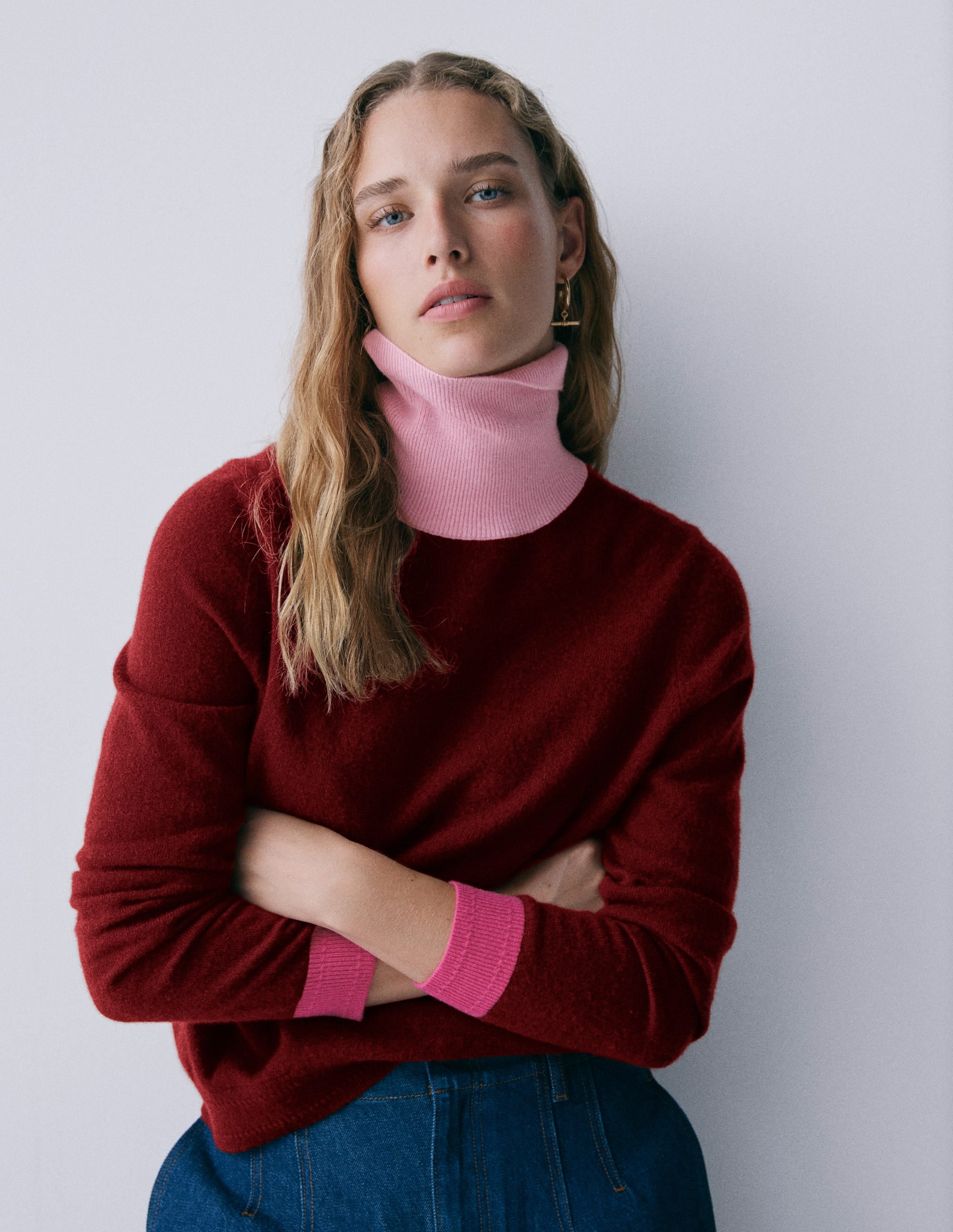 Eva Cashmere Roll Neck Jumper-Chestnut, Colour Block - Image 6