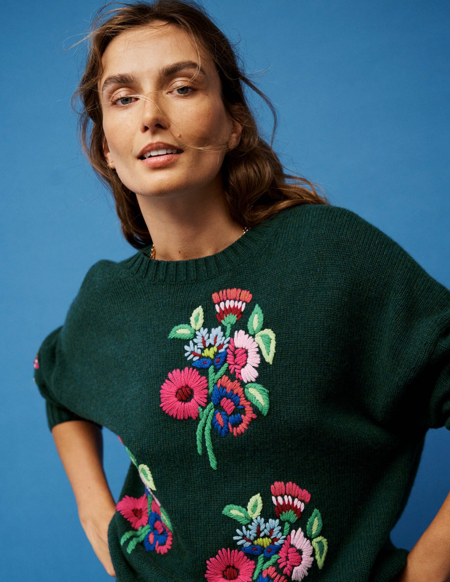 Natalie Embroidered Jumper-Emerald Night Bouquet