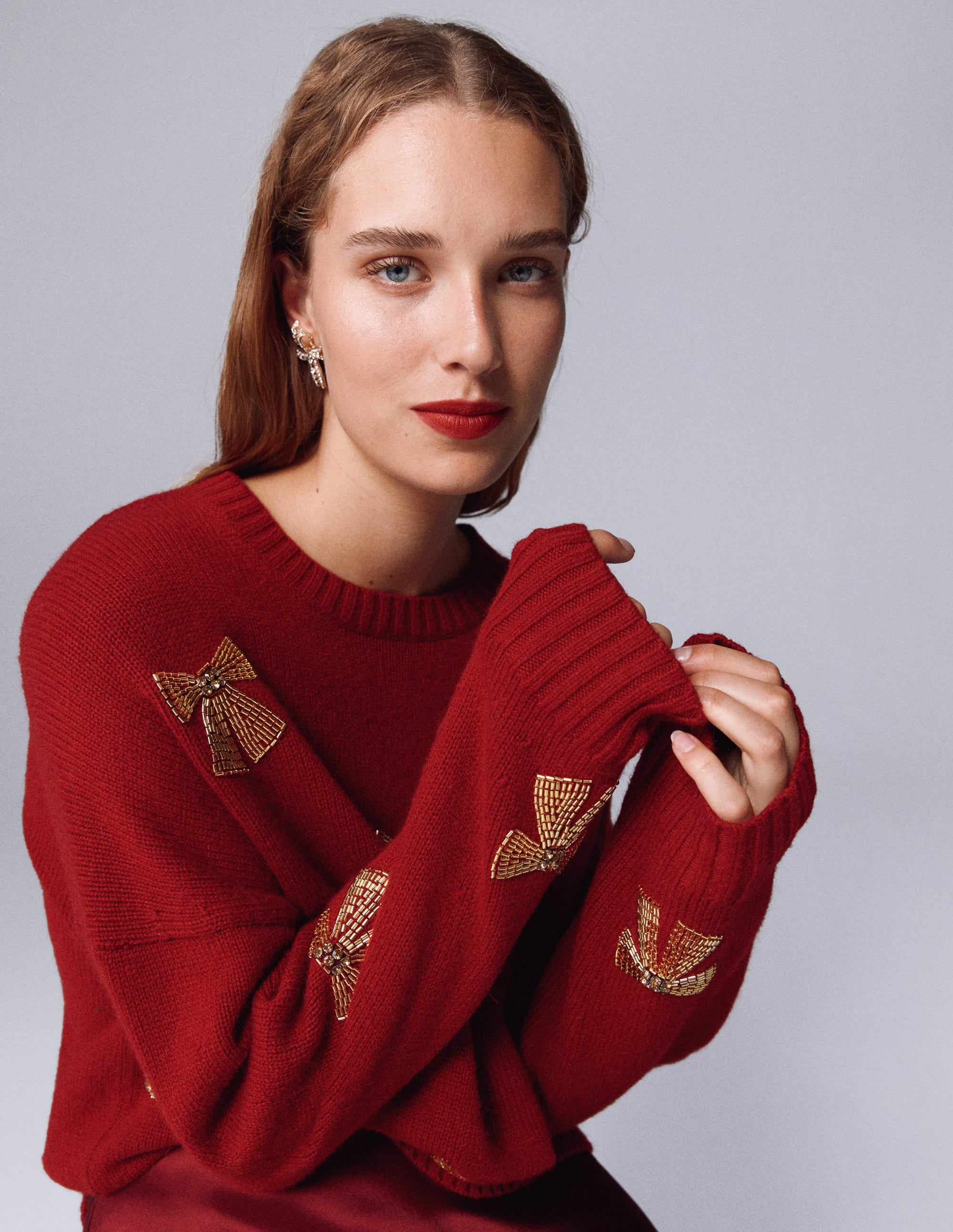 Natalie Embroidered Jumper-Red, Embellished Bows - Image 1