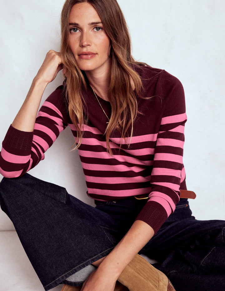Emilia Cotton Crew Jumper-Chestnut/Pink Stripe