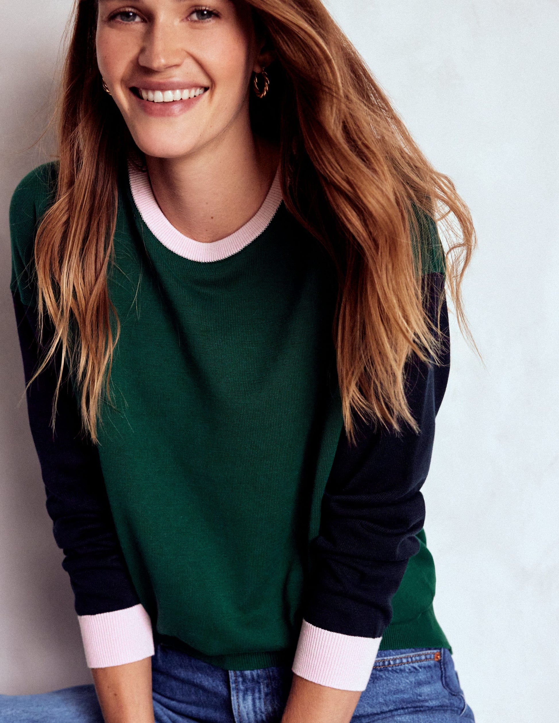 Lara Relaxed Cotton Jumper-Emerald Night, Navy-2