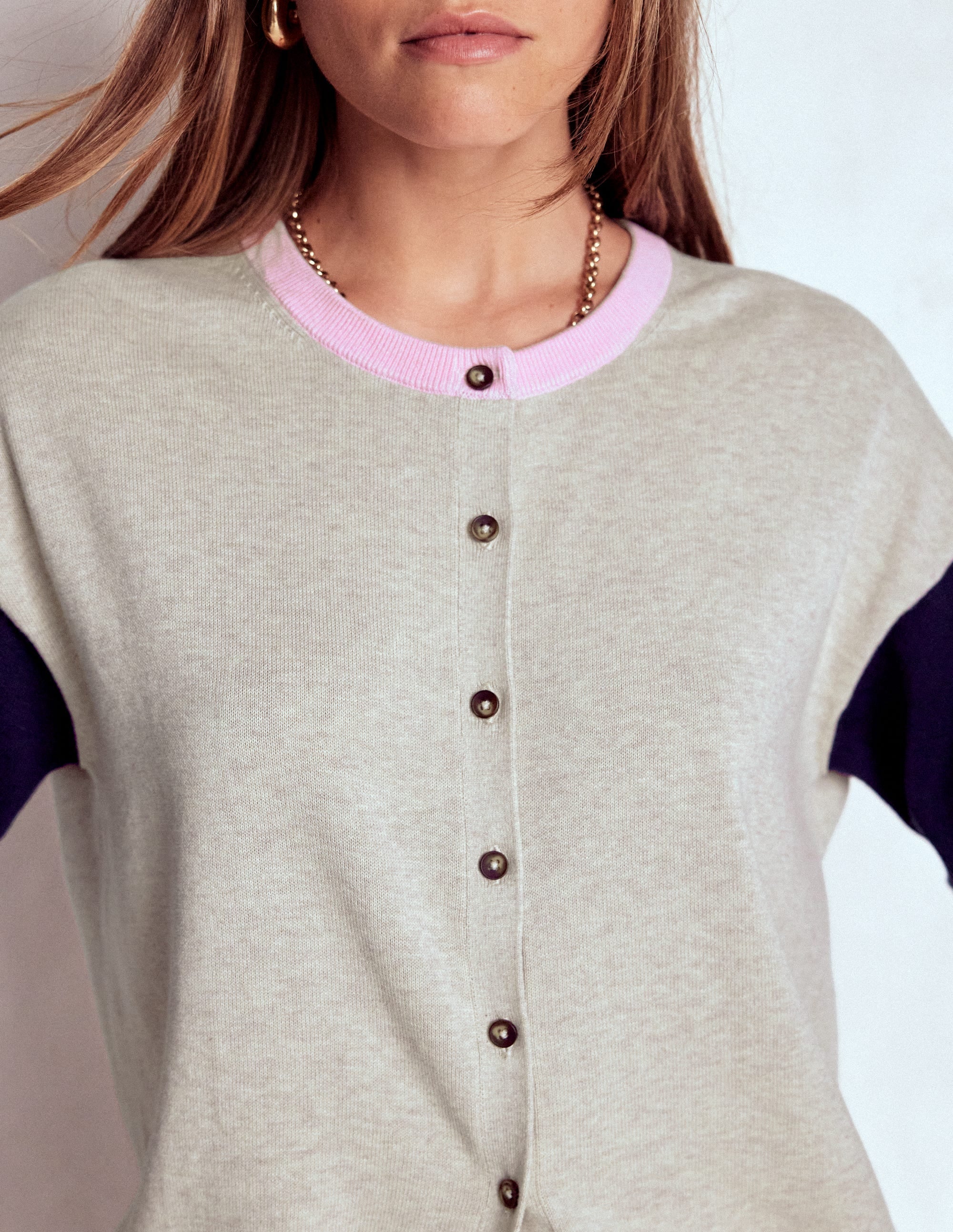 Lara Relaxed Cotton Cardigan-Oatmeal Melange, Navy - Image 2