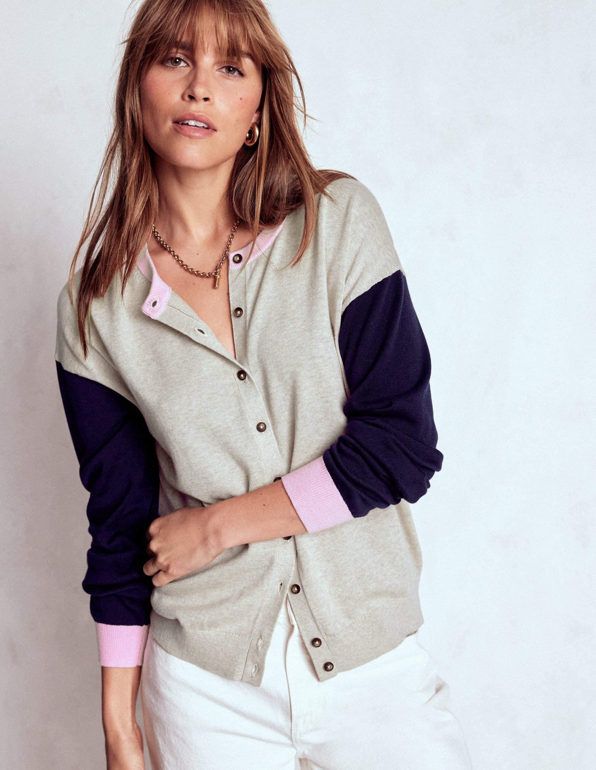 Lara Relaxed Cotton Cardigan-Oatmeal Melange, Navy-4