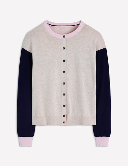 Lara Relaxed Cotton Cardigan-Oatmeal Melange, Navy-5
