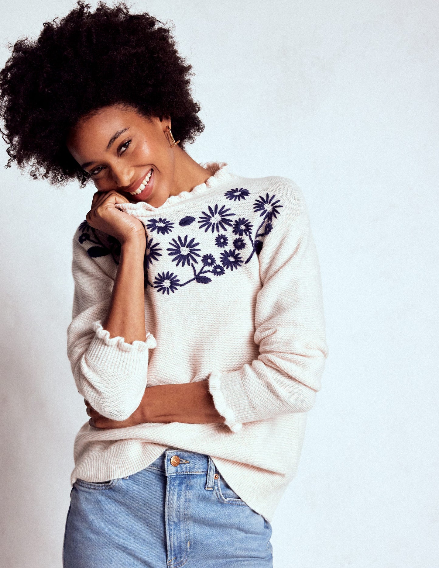 Embroidered Frill Jumper-Warm Ivory