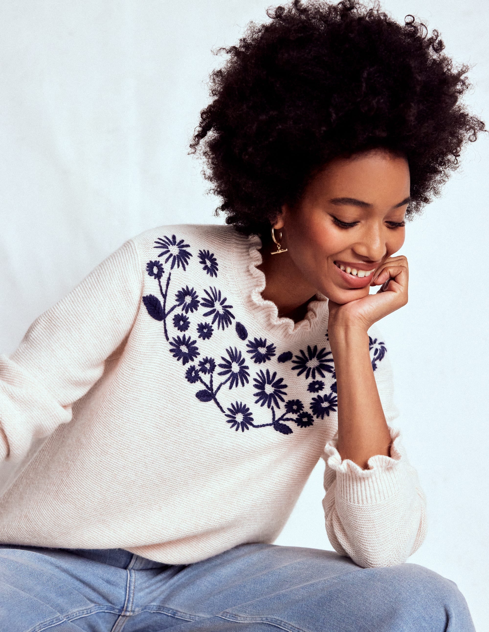 Embroidered Frill Jumper-Warm Ivory - Image 4