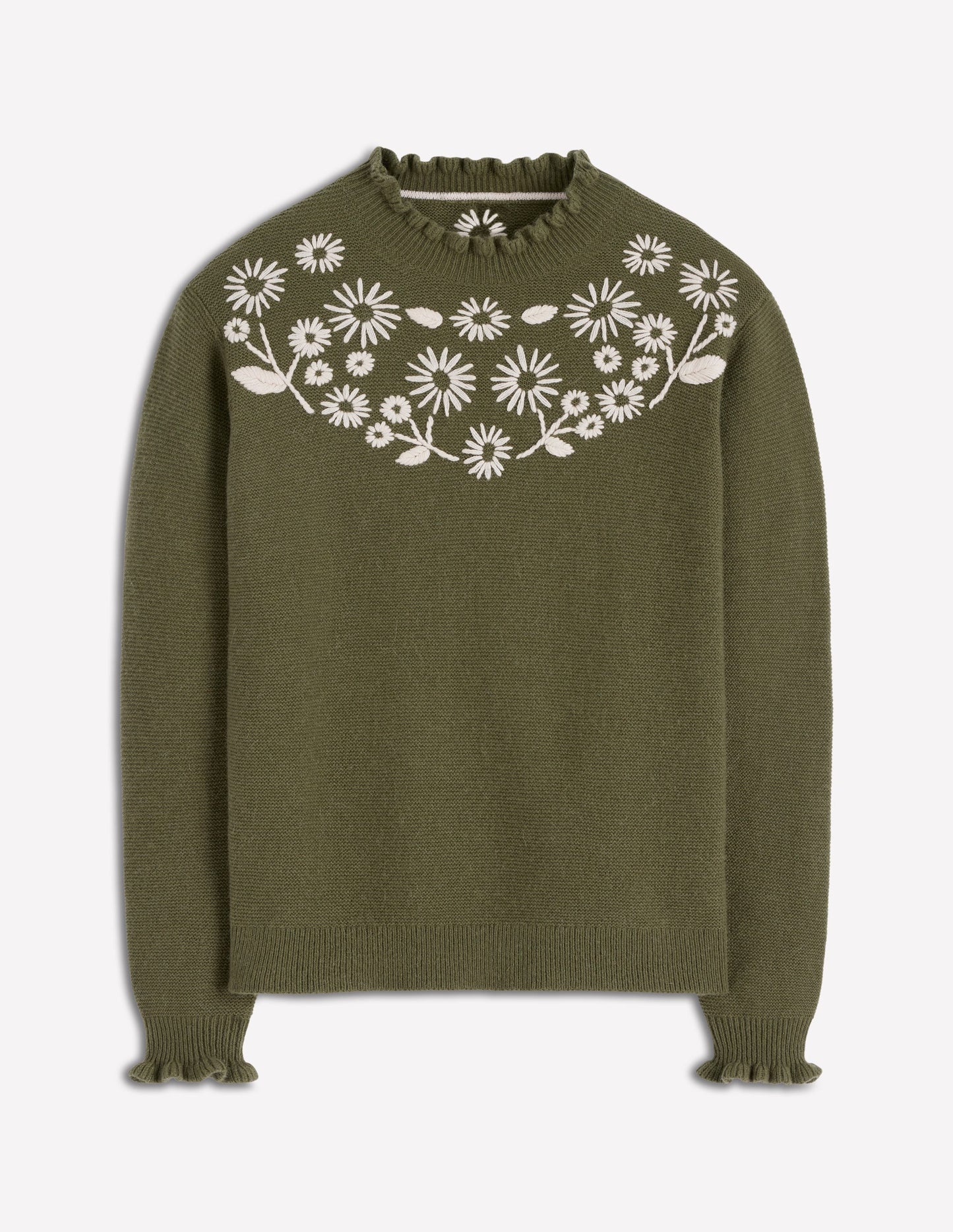 Embroidered Frill Jumper-Woodland Green Melange