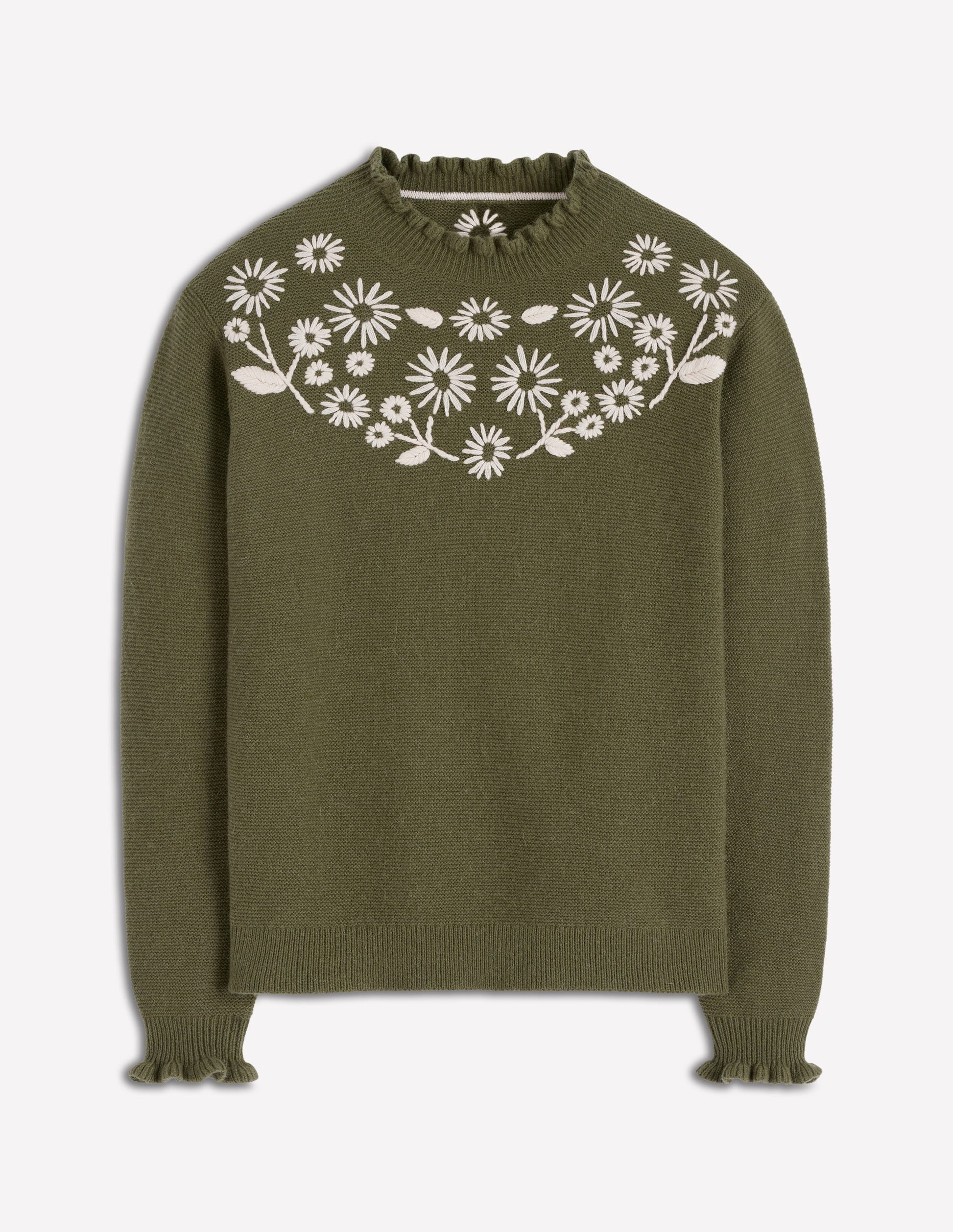 Embroidered Frill Jumper-Woodland Green Melange-6