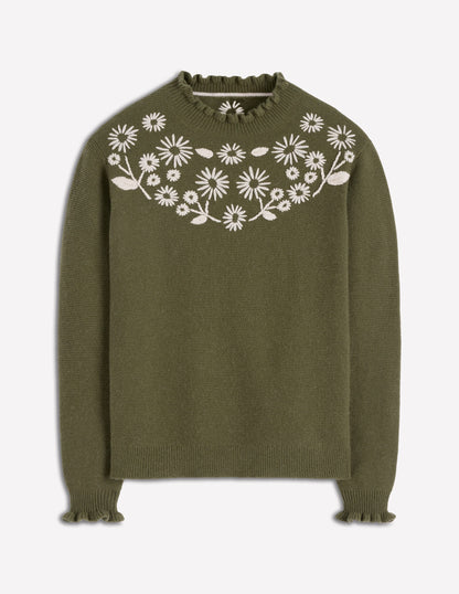 Embroidered Frill Jumper-Woodland Green Melange-6