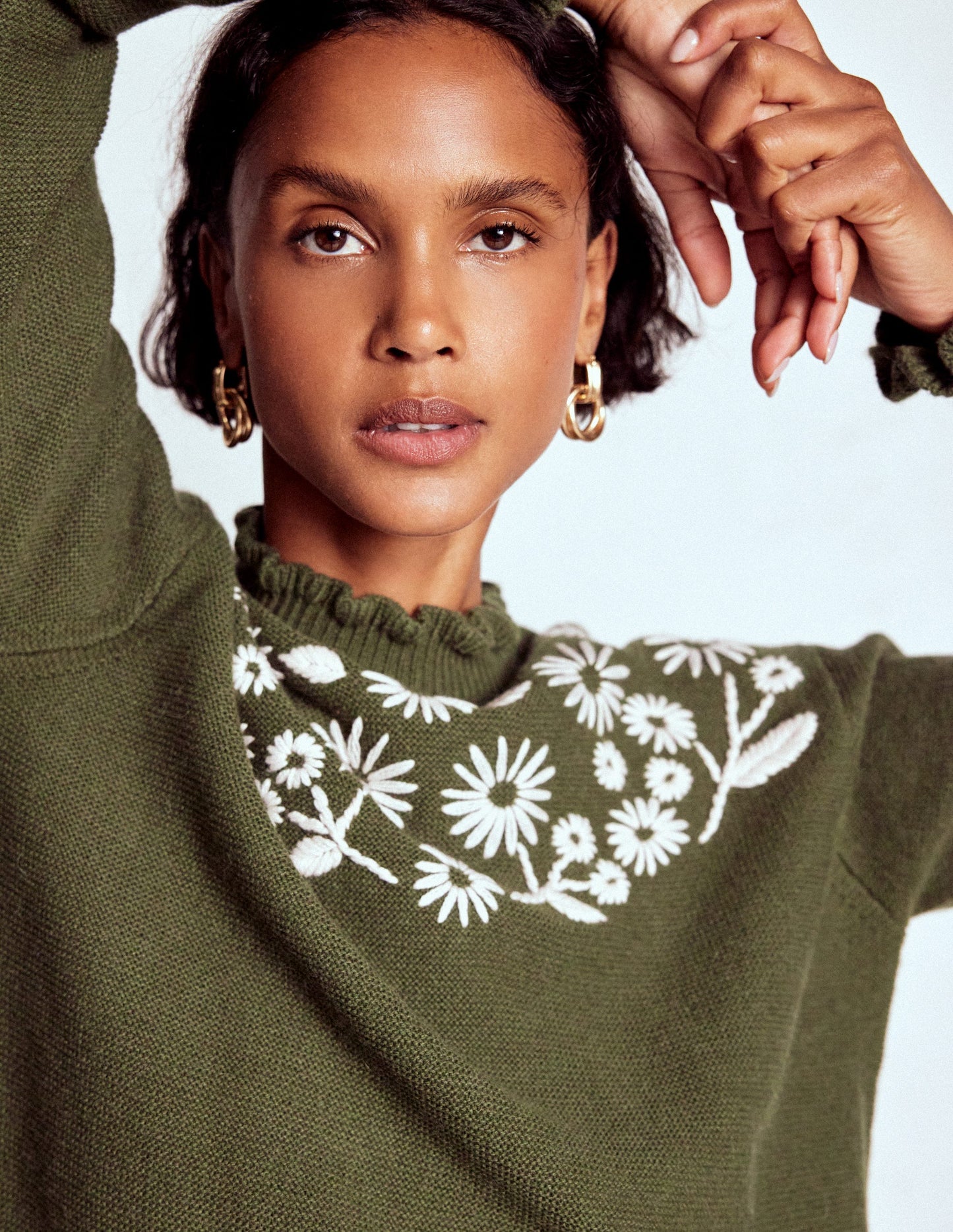Embroidered Frill Jumper-Woodland Green Melange