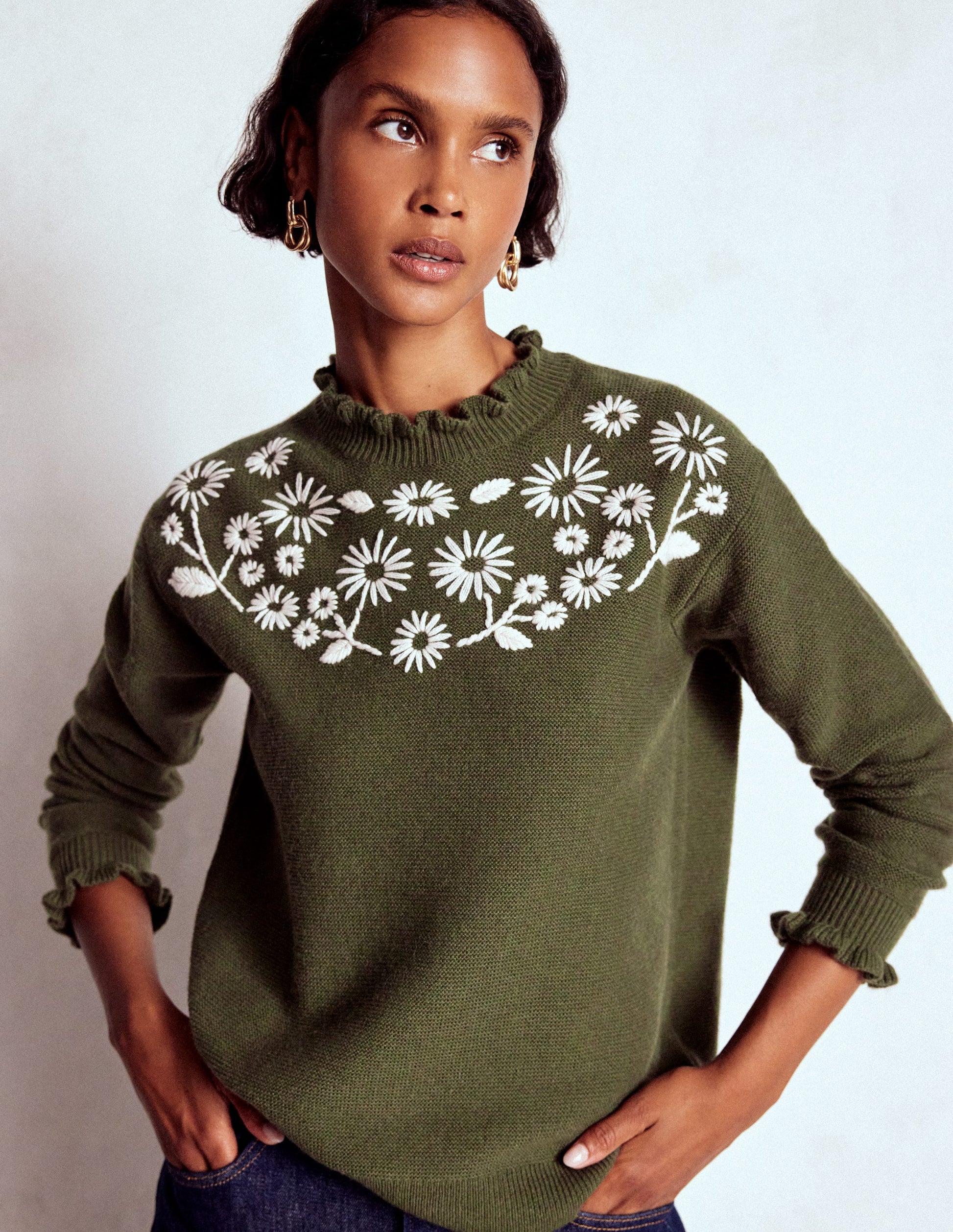 Embroidered Frill Jumper-Woodland Green Melange-2