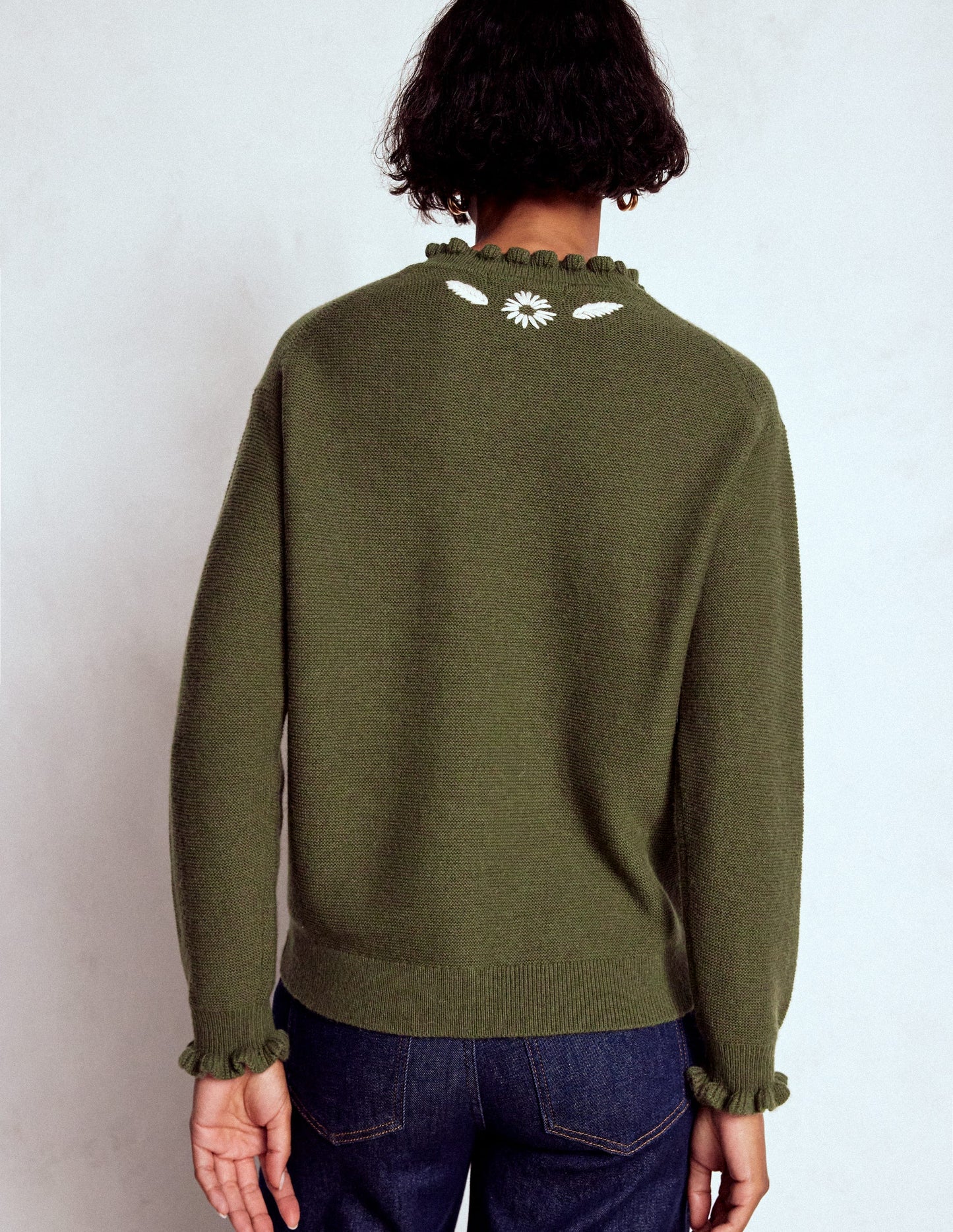 Embroidered Frill Jumper-Woodland Green Melange