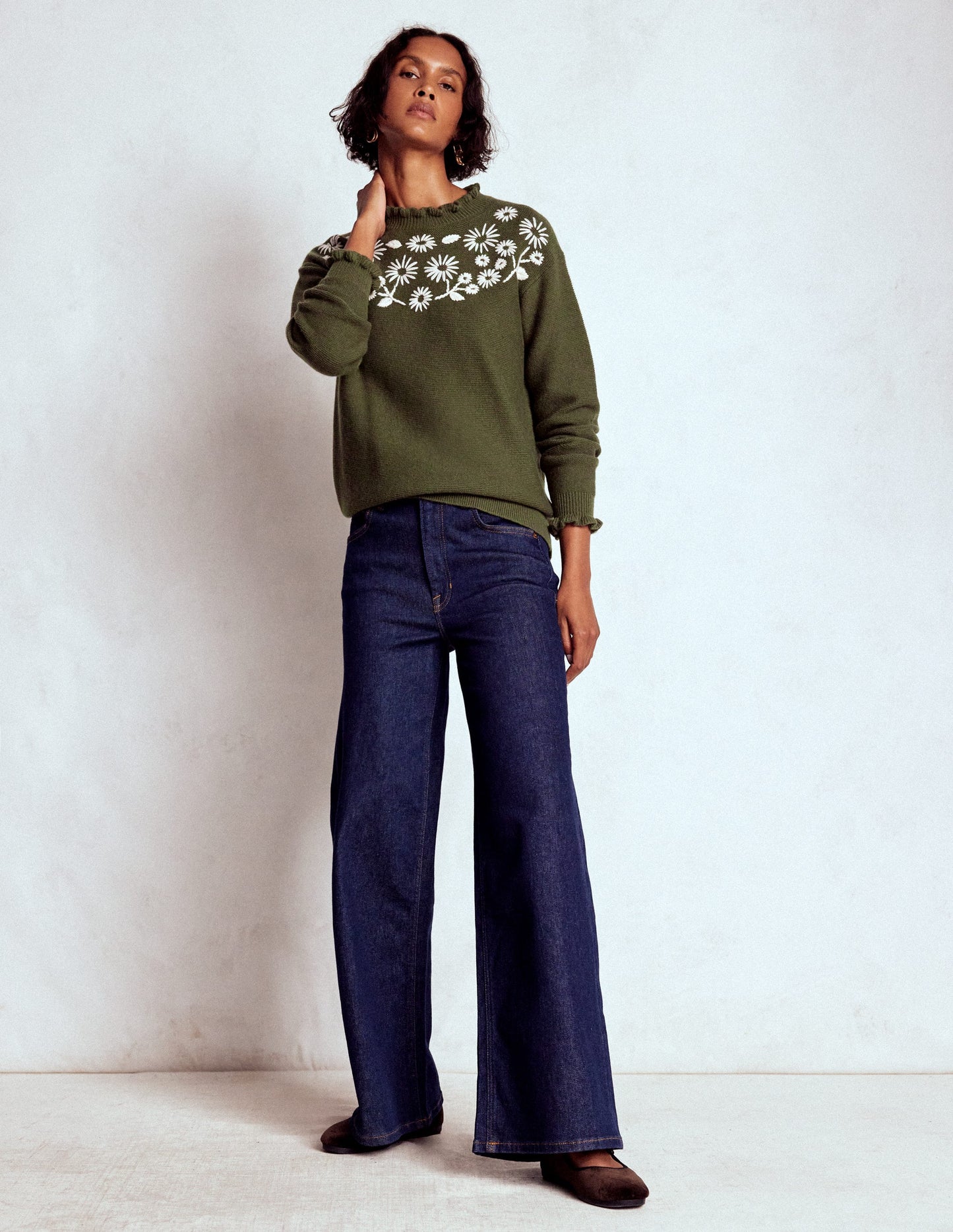 Embroidered Frill Jumper-Woodland Green Melange