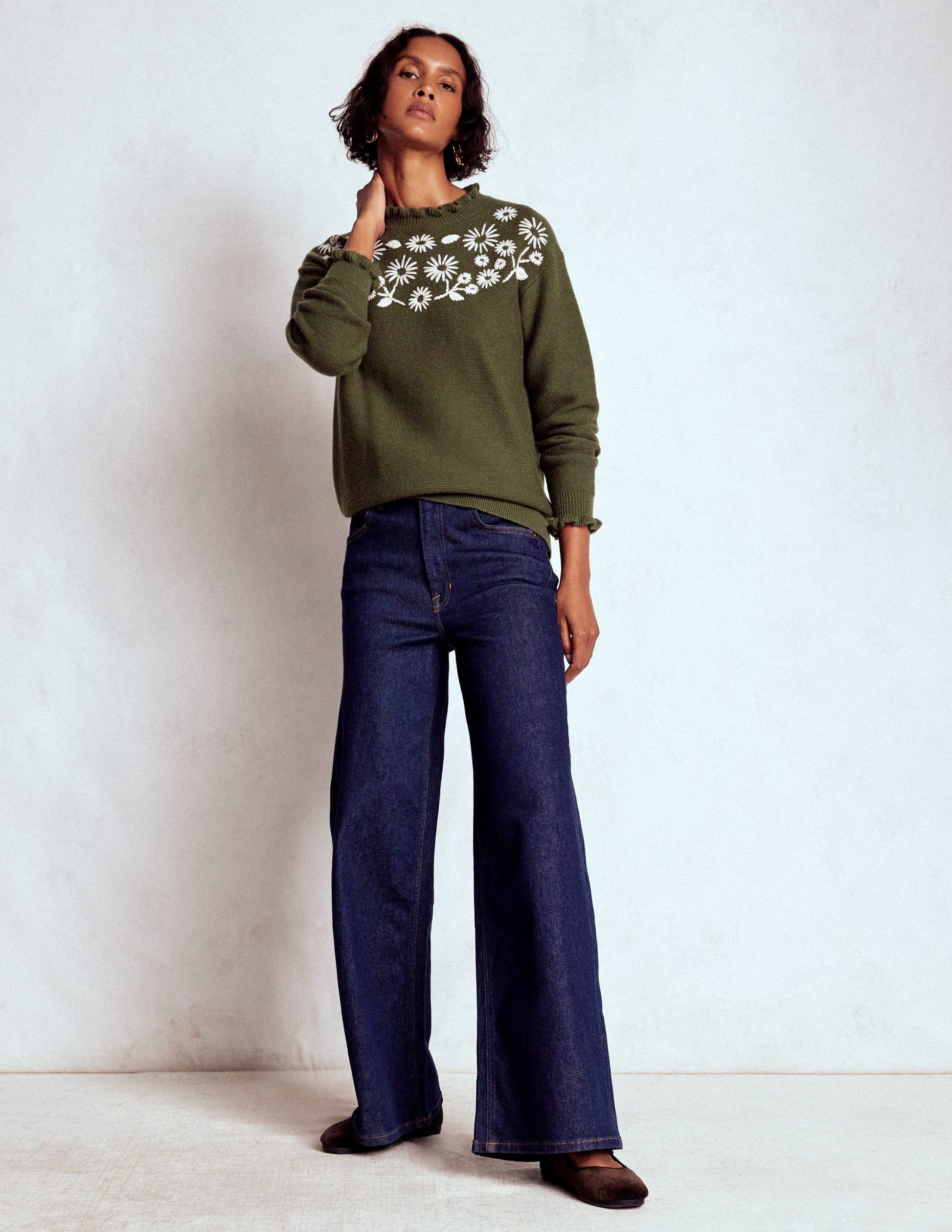 Embroidered Frill Jumper-Woodland Green Melange-4