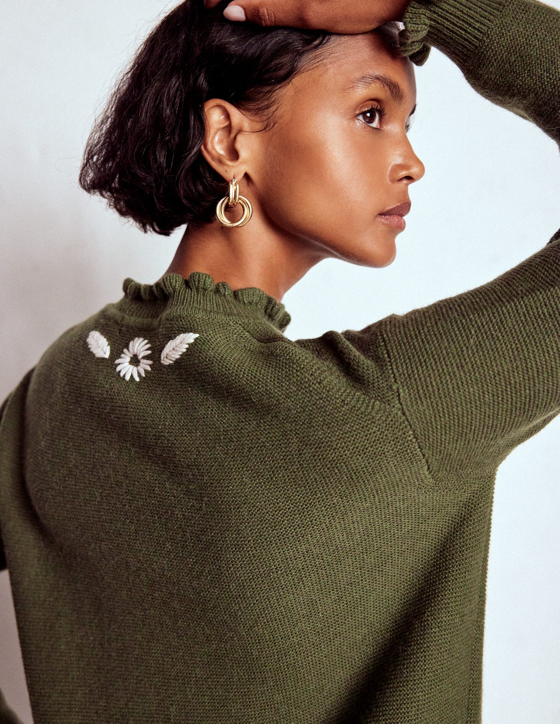 Embroidered Frill Jumper-Woodland Green Melange-5