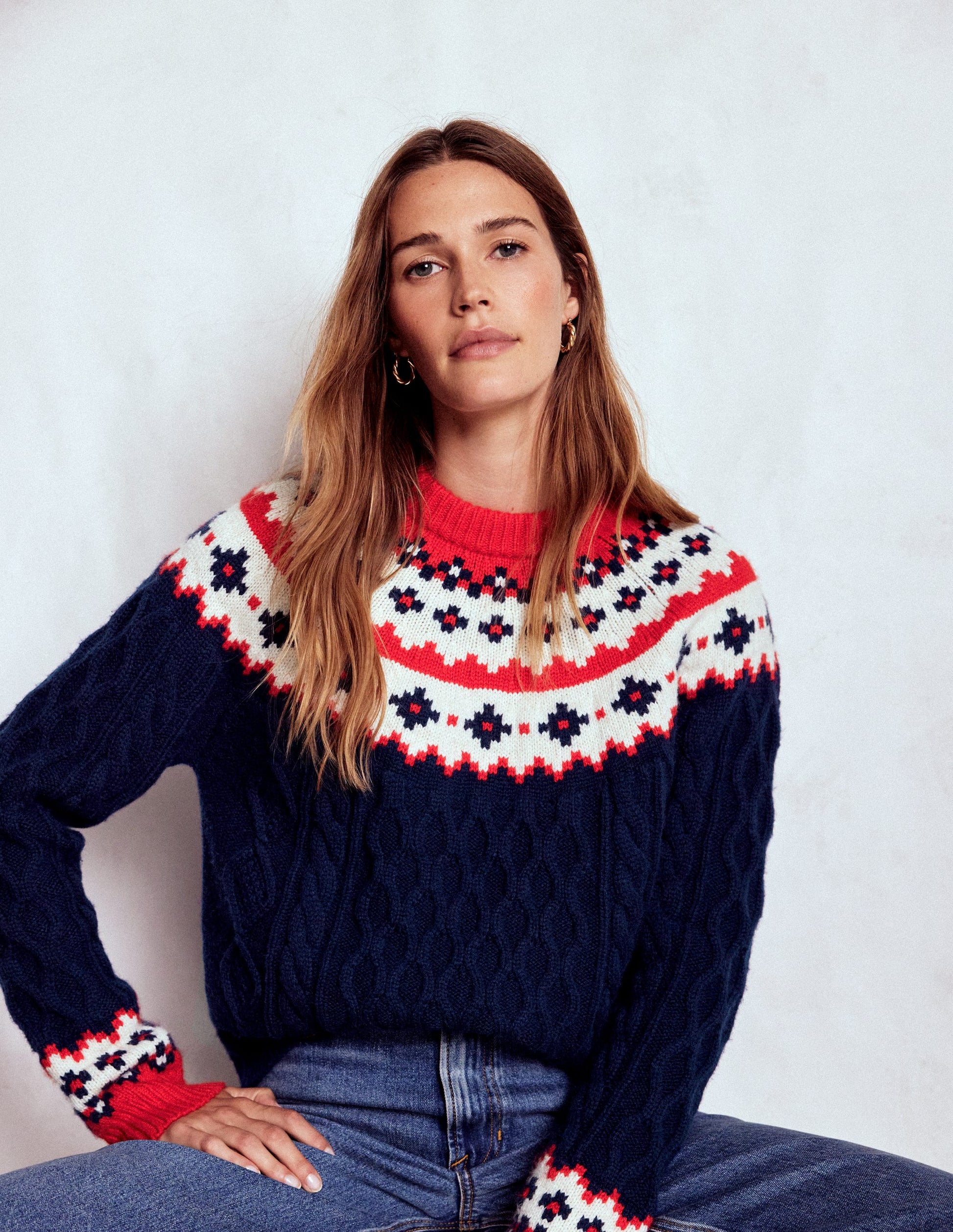 Eleanor Fair Isle Jumper-Navy Cable Boden UK - Main Image