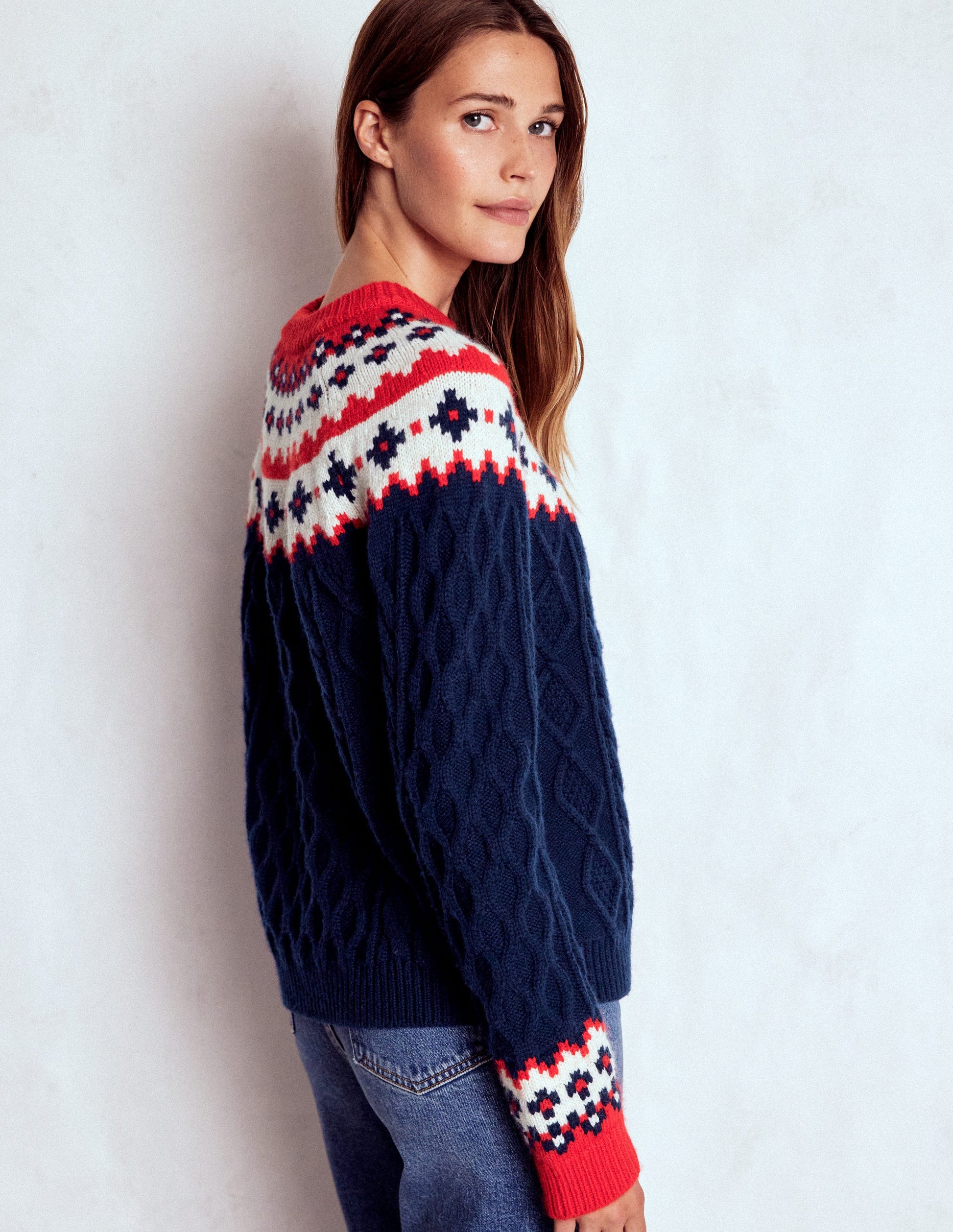 Eleanor Fair Isle Jumper-Navy Cable-3