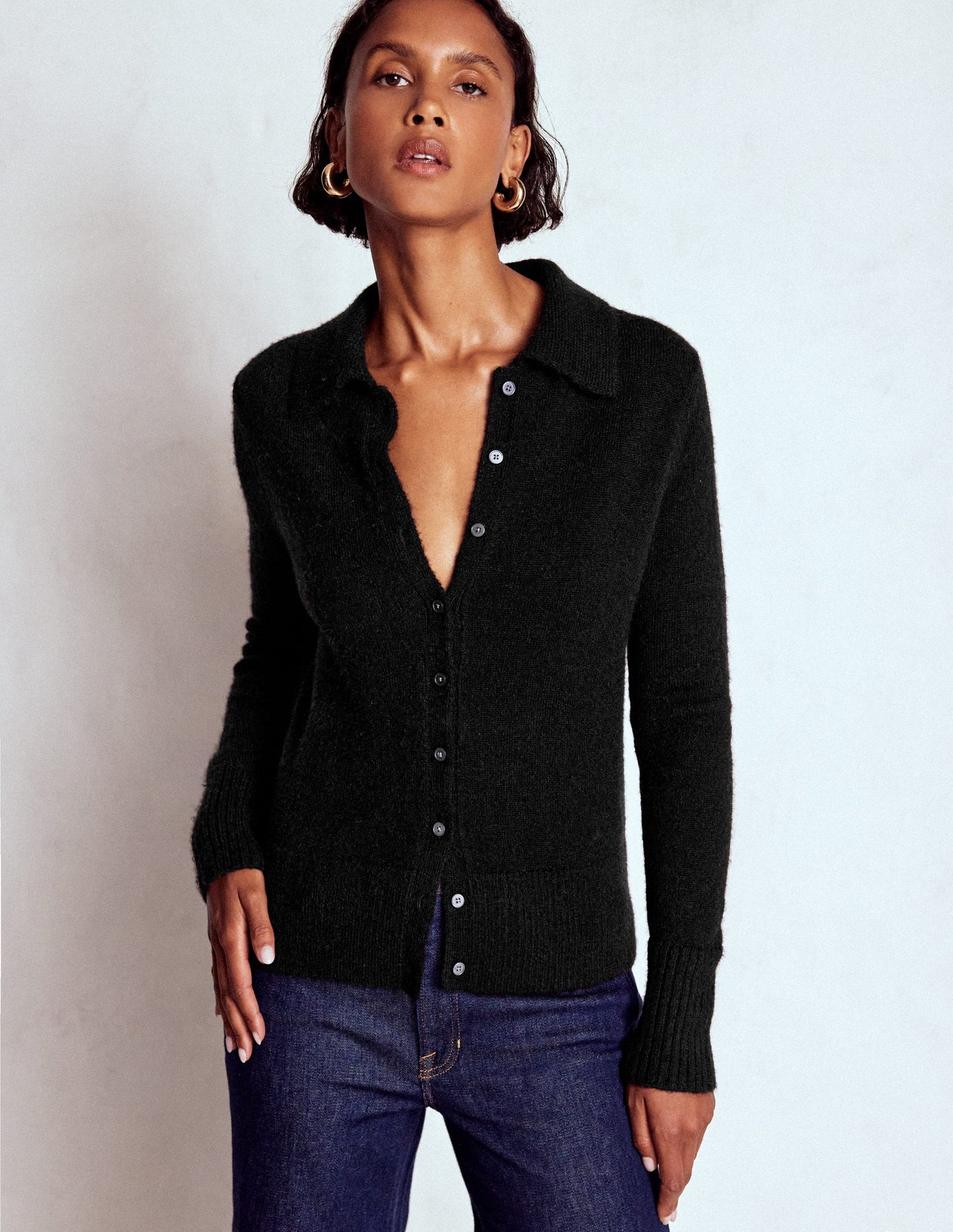 Collared Tie Front Cardigan-Black