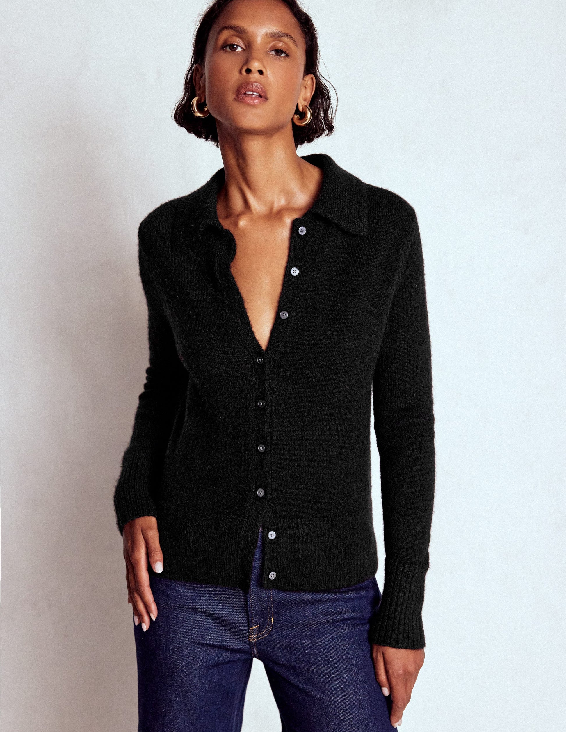 Collared Tie Front Cardigan-Black-4