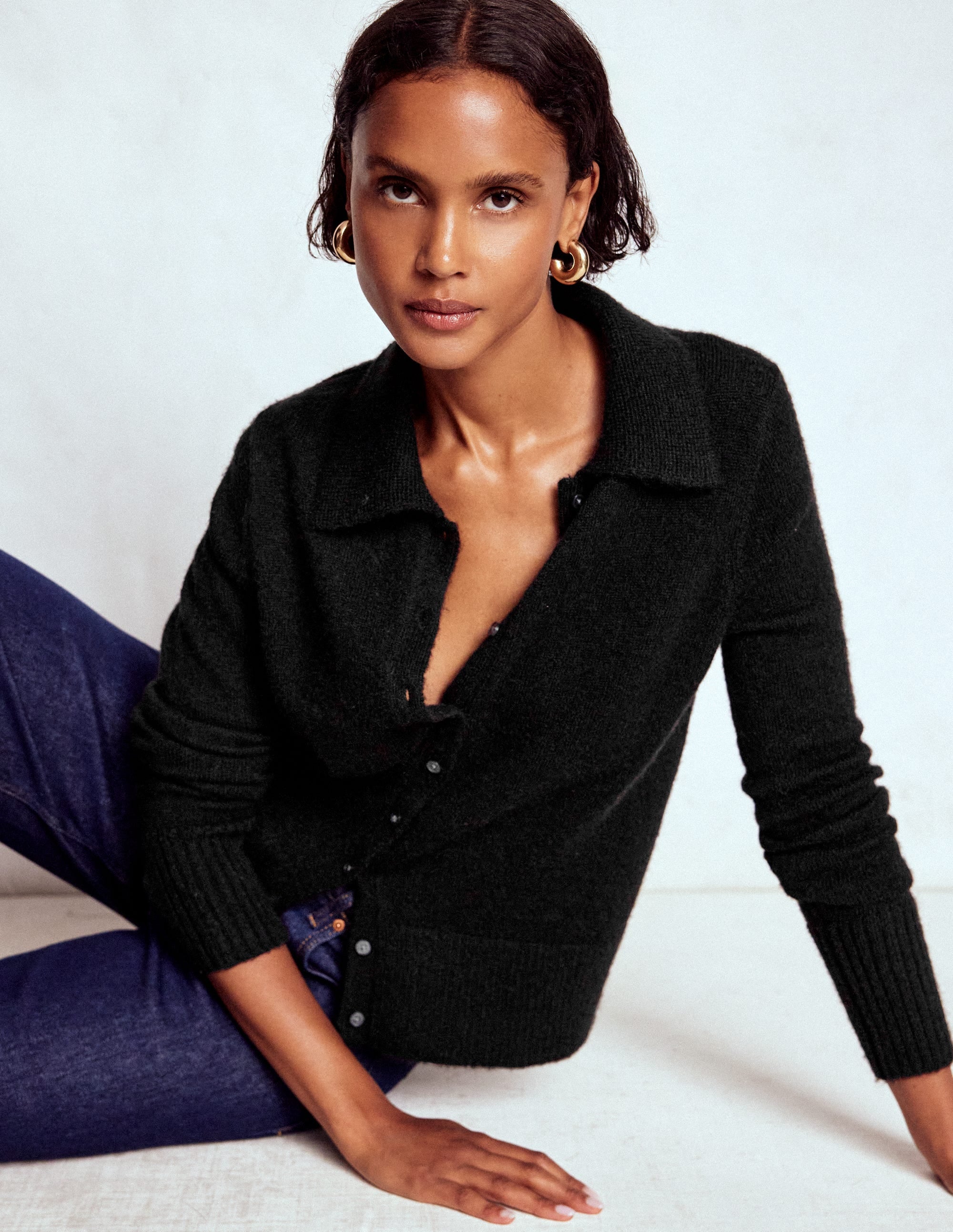 Collared Tie Front Cardigan-Black - Image 5