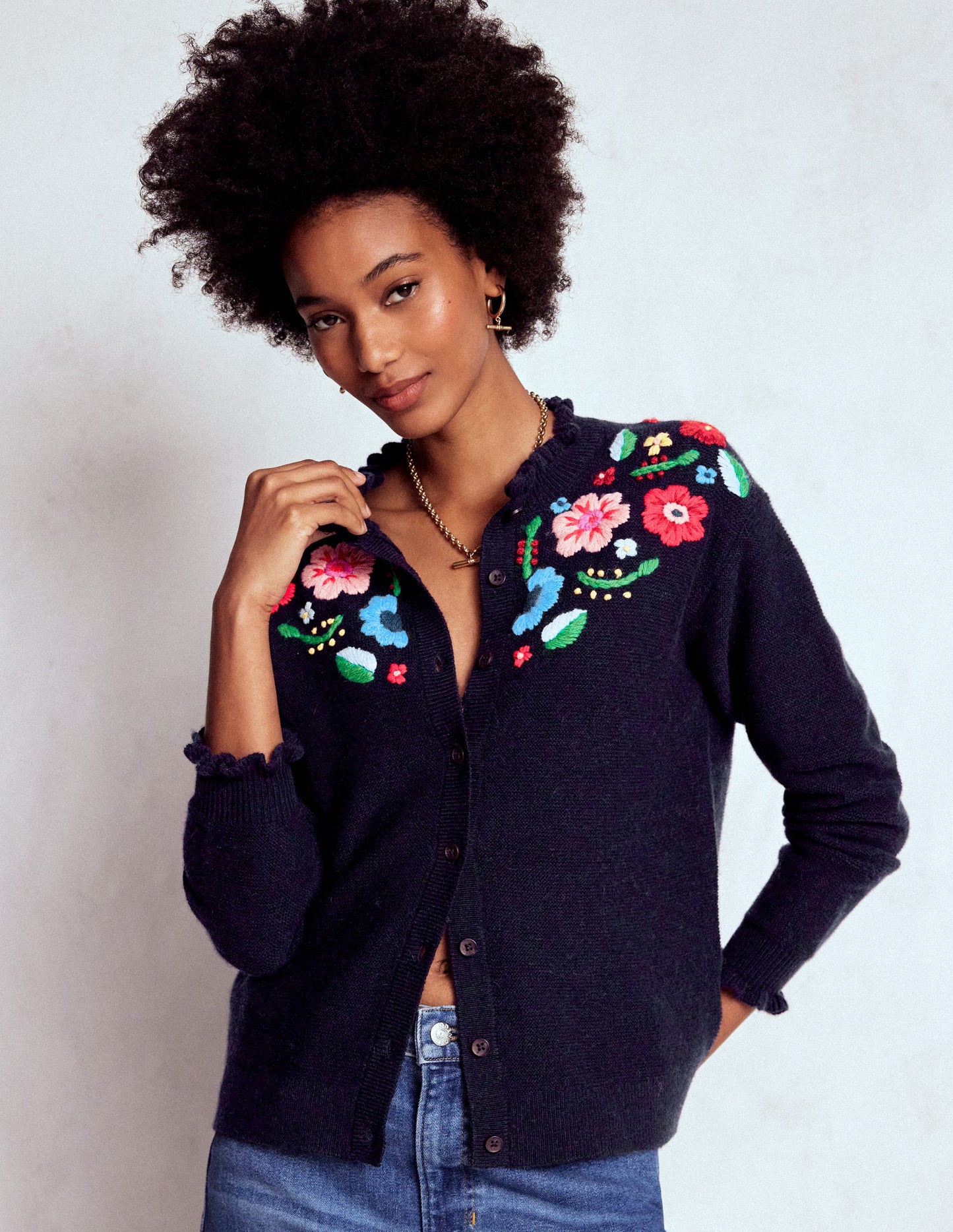 Embroidered Frill Cardigan-Navy