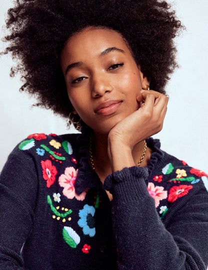 Embroidered Frill Cardigan-Navy-2