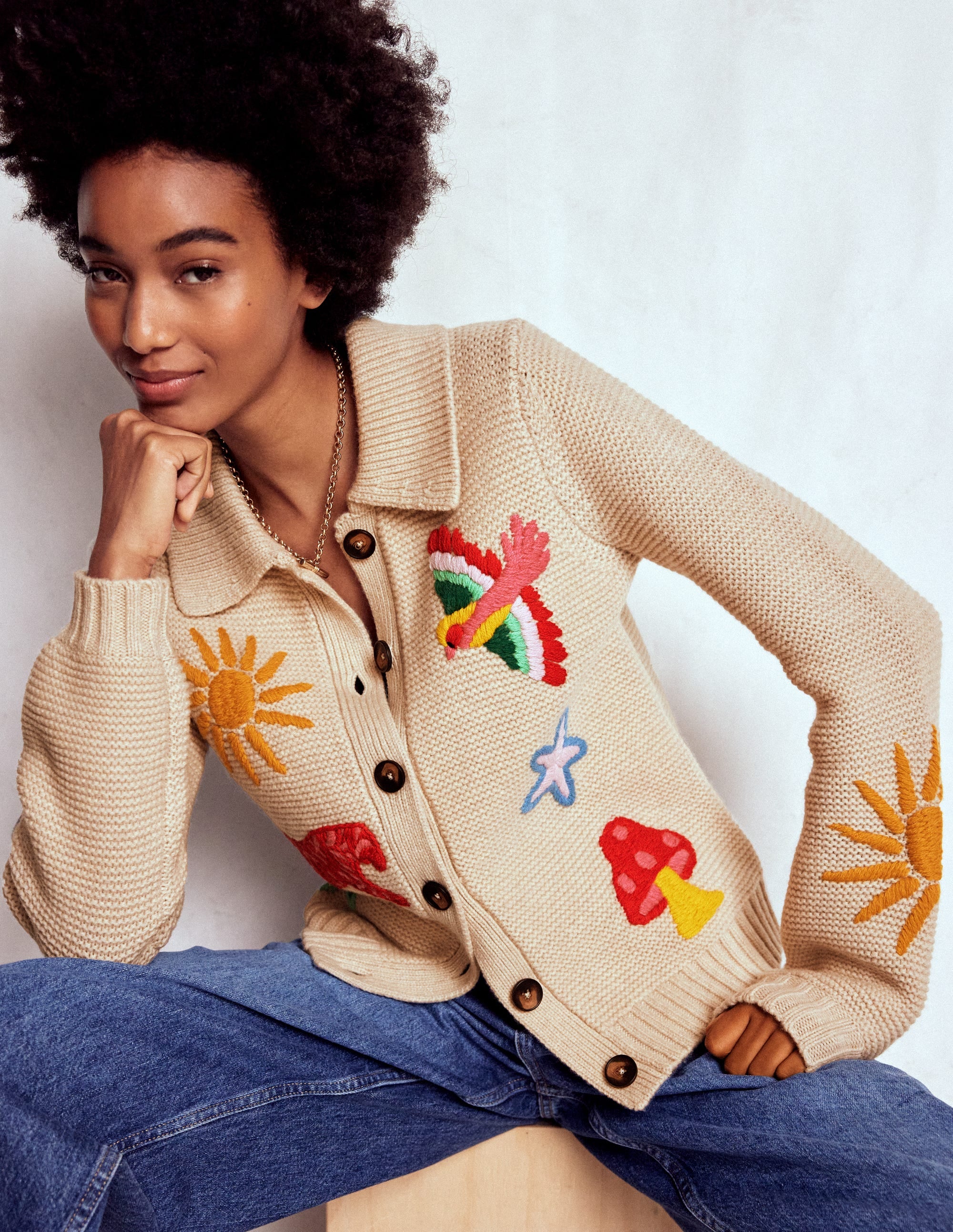 Embroidered Collared Cardigan-Ecru Marl - Image 1