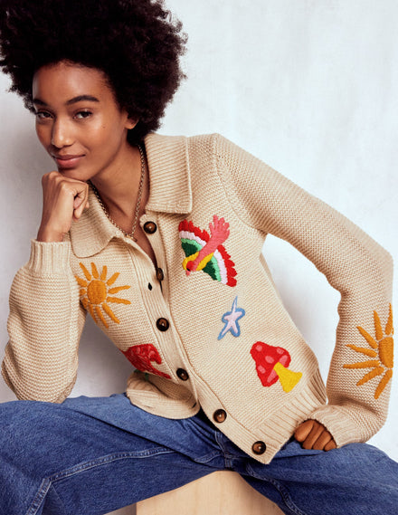 Embroidered Collared Cardigan-Ecru Marl