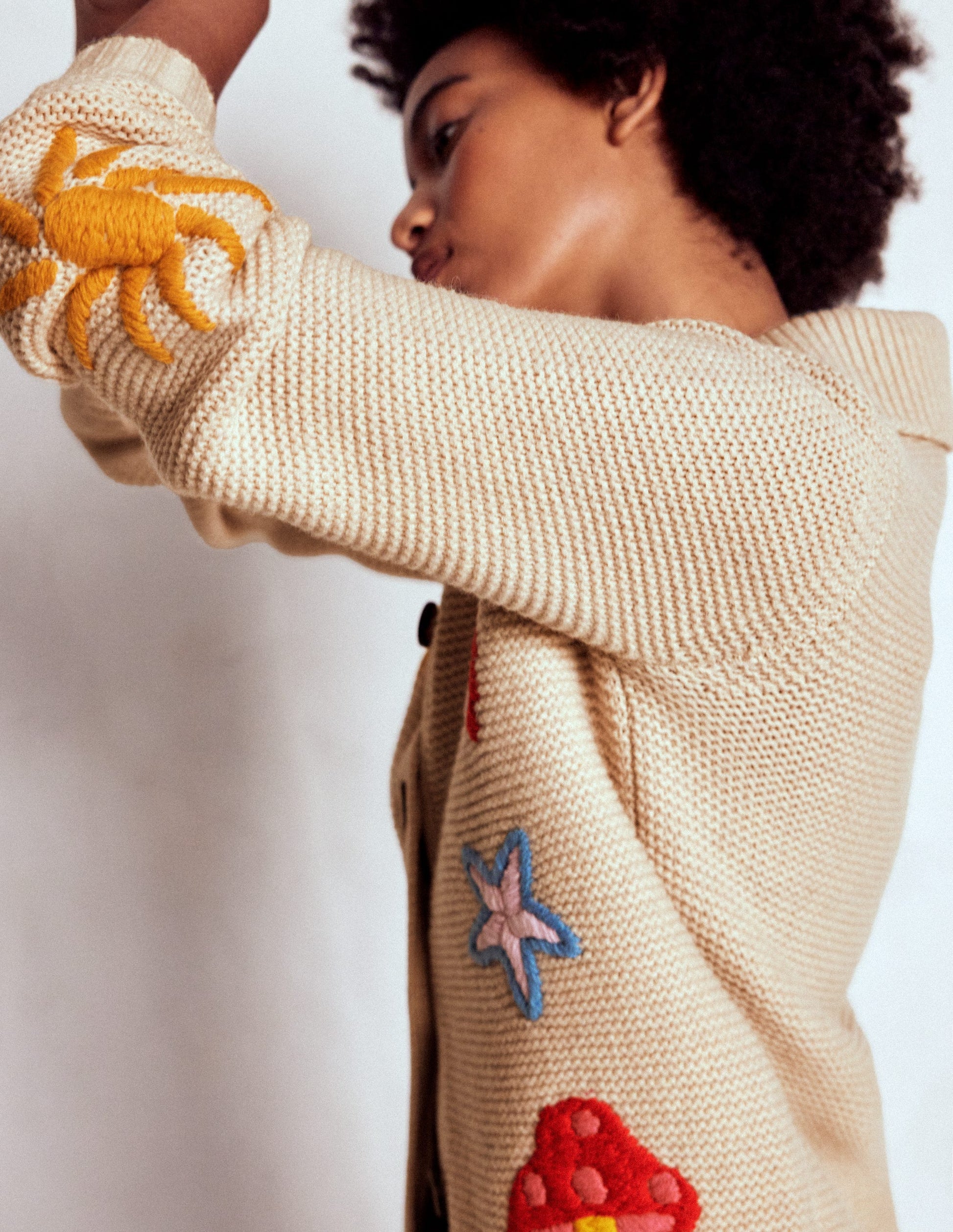 Embroidered Collared Cardigan-Ecru Marl-2