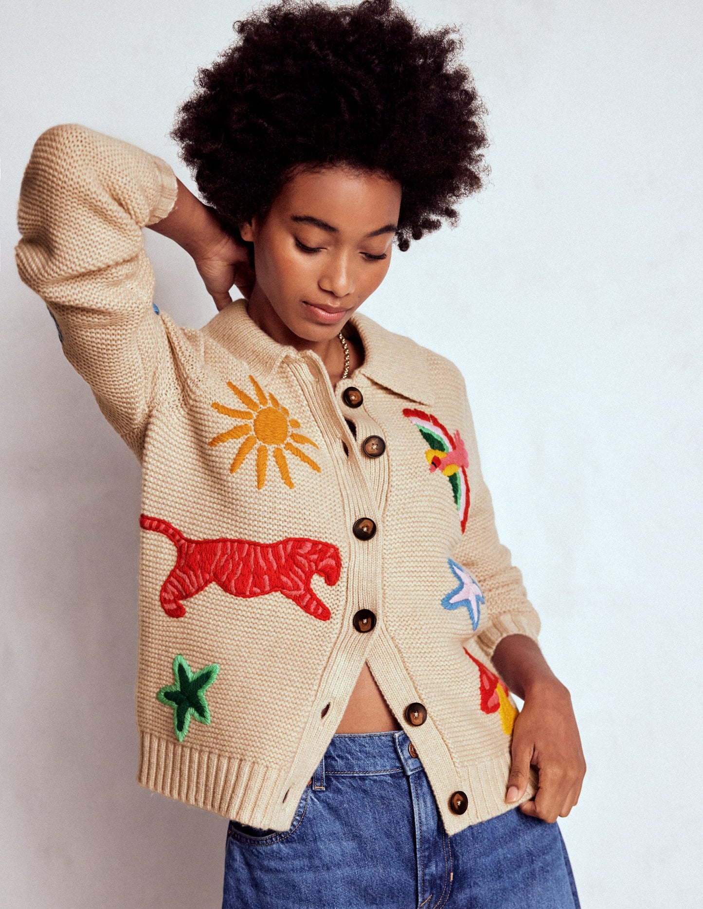 Embroidered Collared Cardigan-Ecru Marl