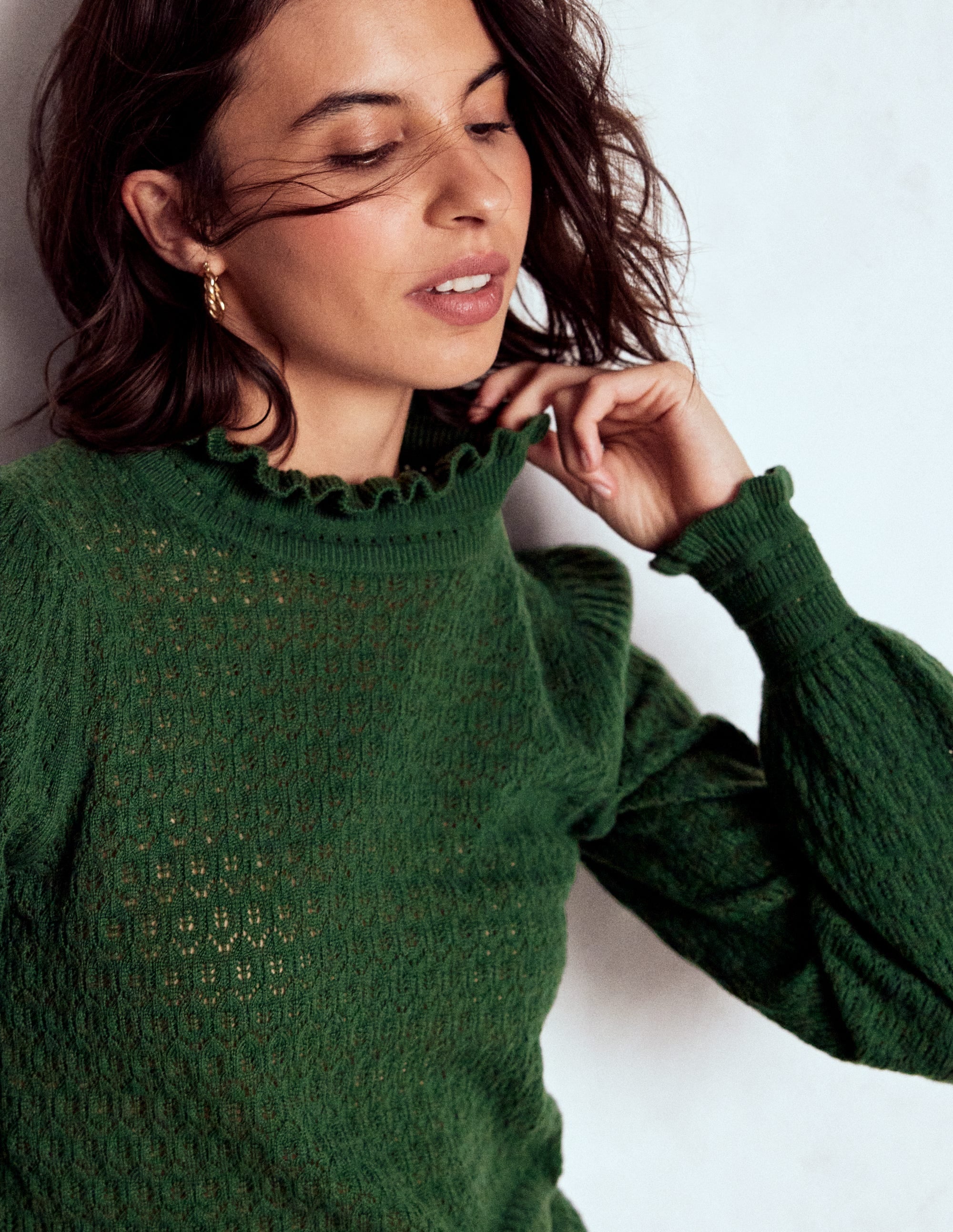 Pointelle Ruffle Jumper-Hunter Green - Image 1