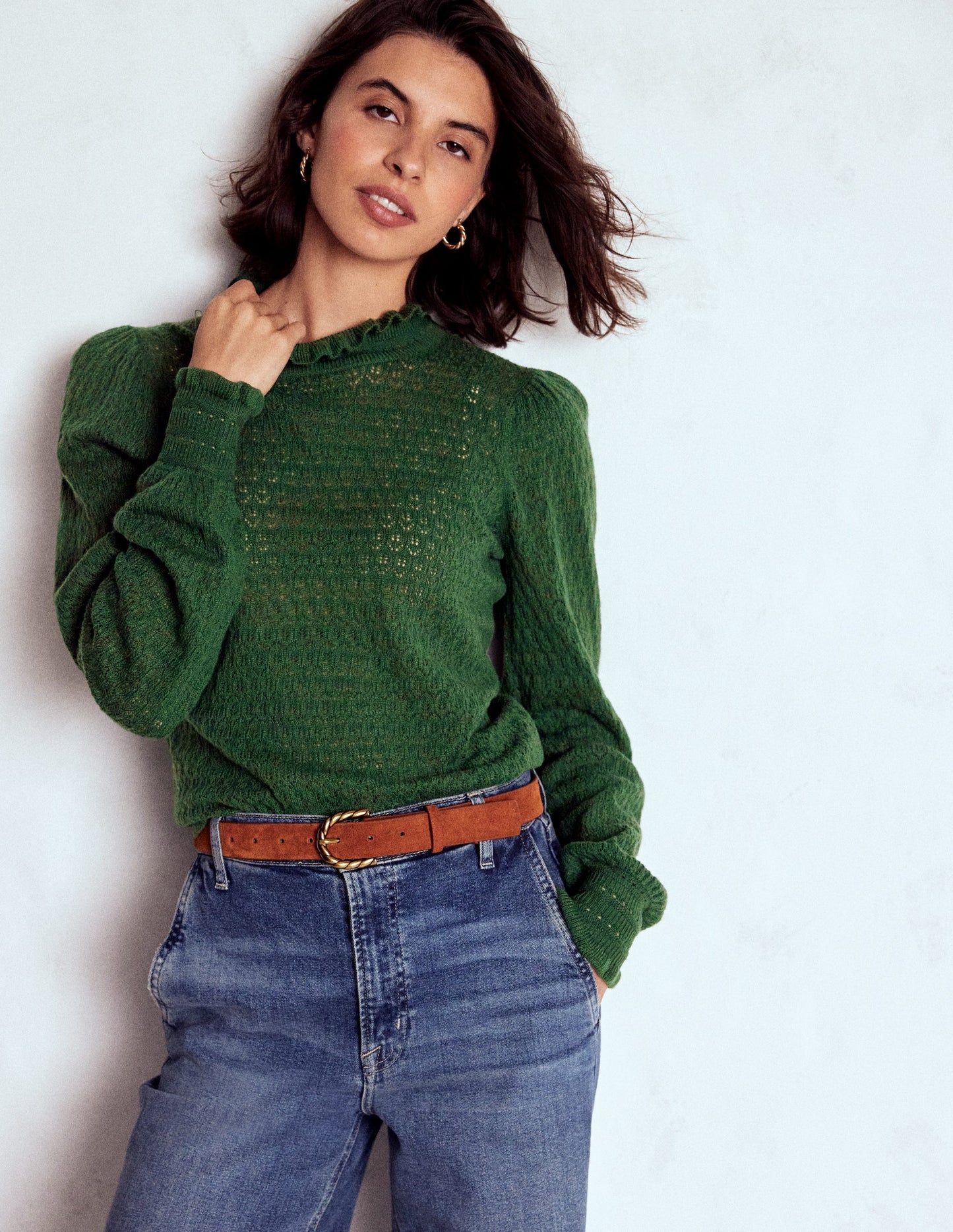 Pointelle Ruffle Jumper-Hunter Green