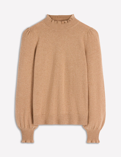 Frill Trim Cashmere Jumper-Camel Melange-5