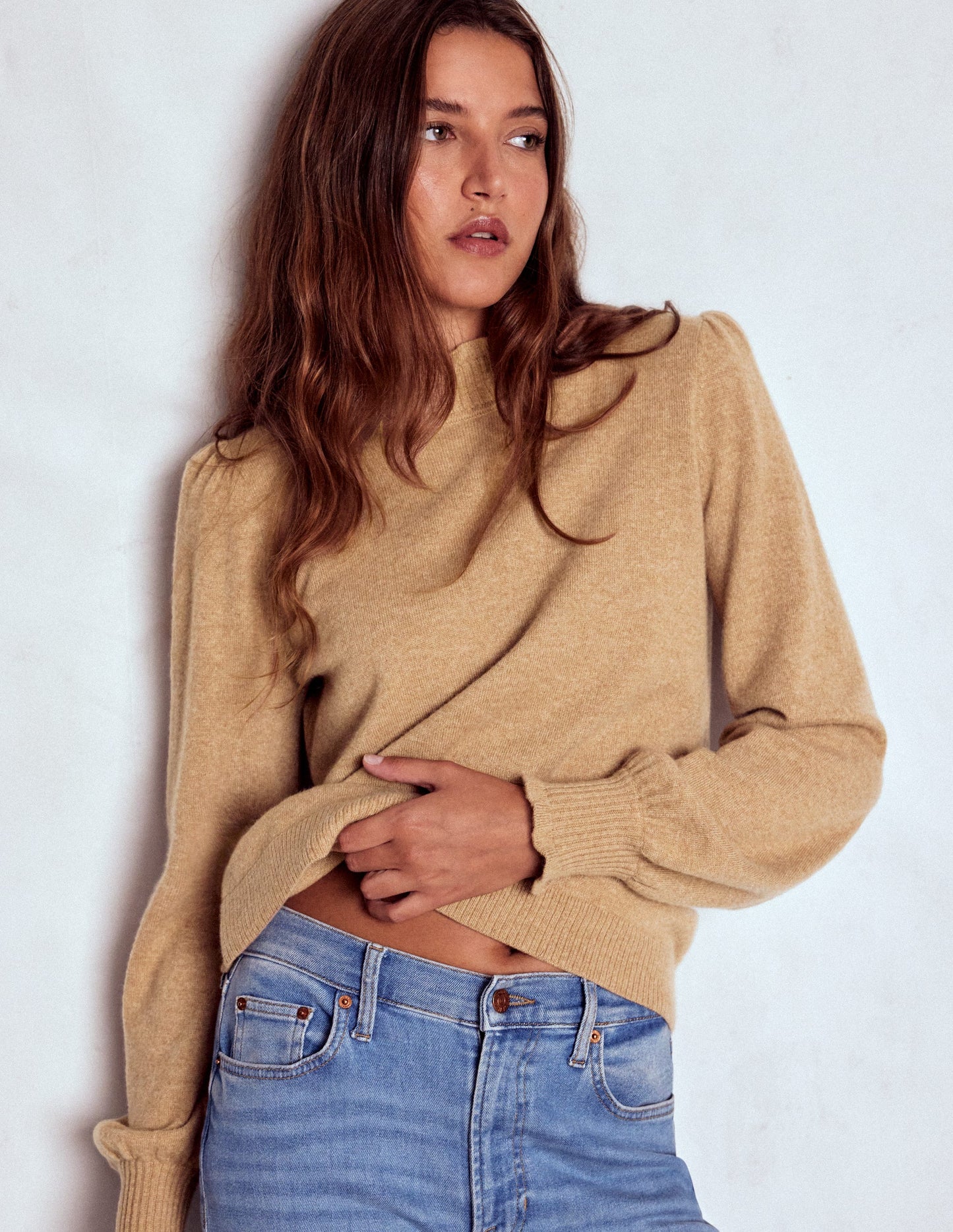 Frill Trim Cashmere Jumper-Camel Melange