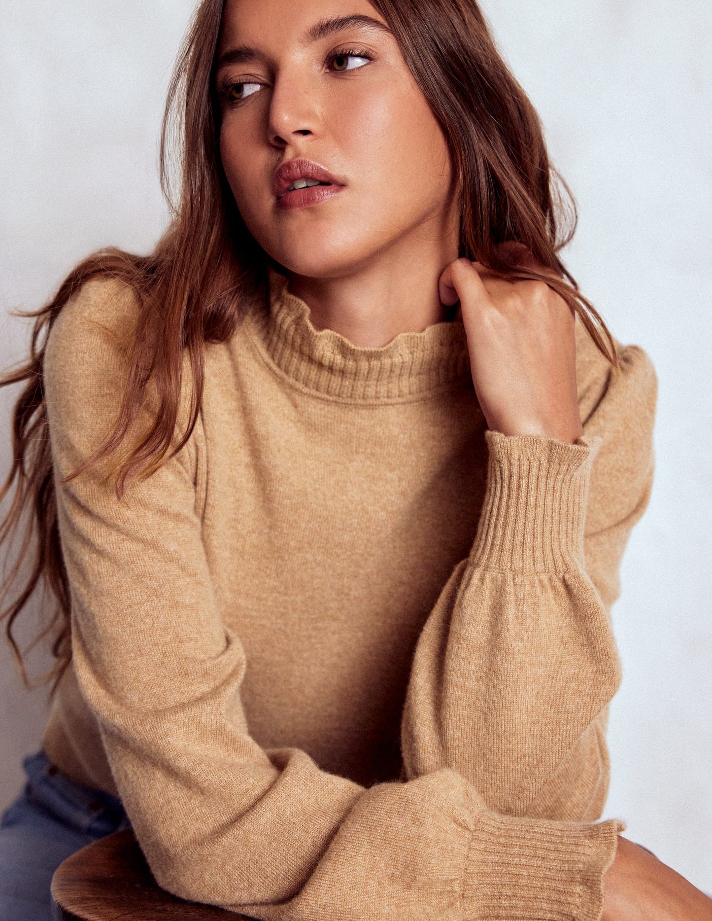 Frill Trim Cashmere Jumper-Camel Melange