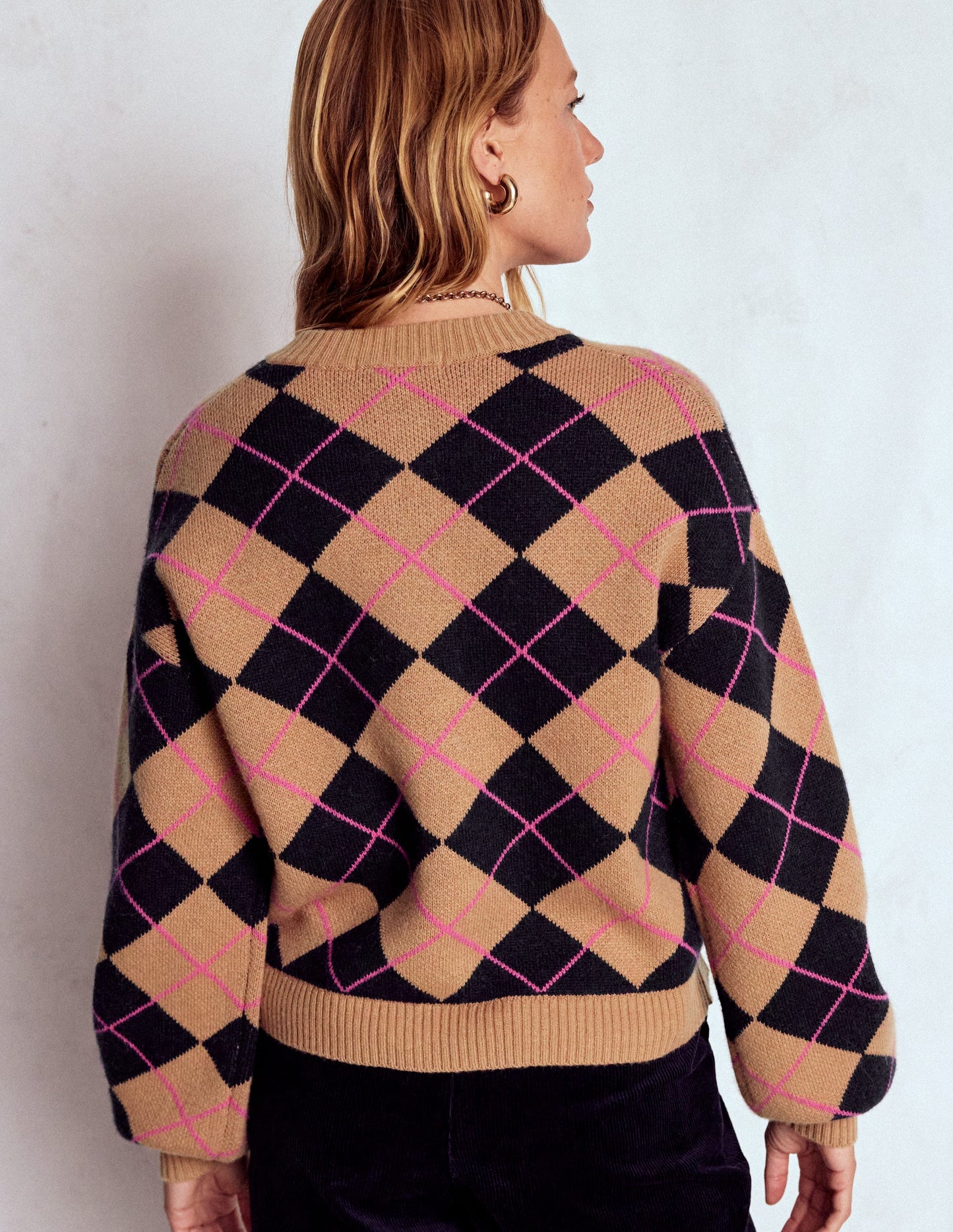 Abi Jacquard Cardigan-Camel, Navy Argyle