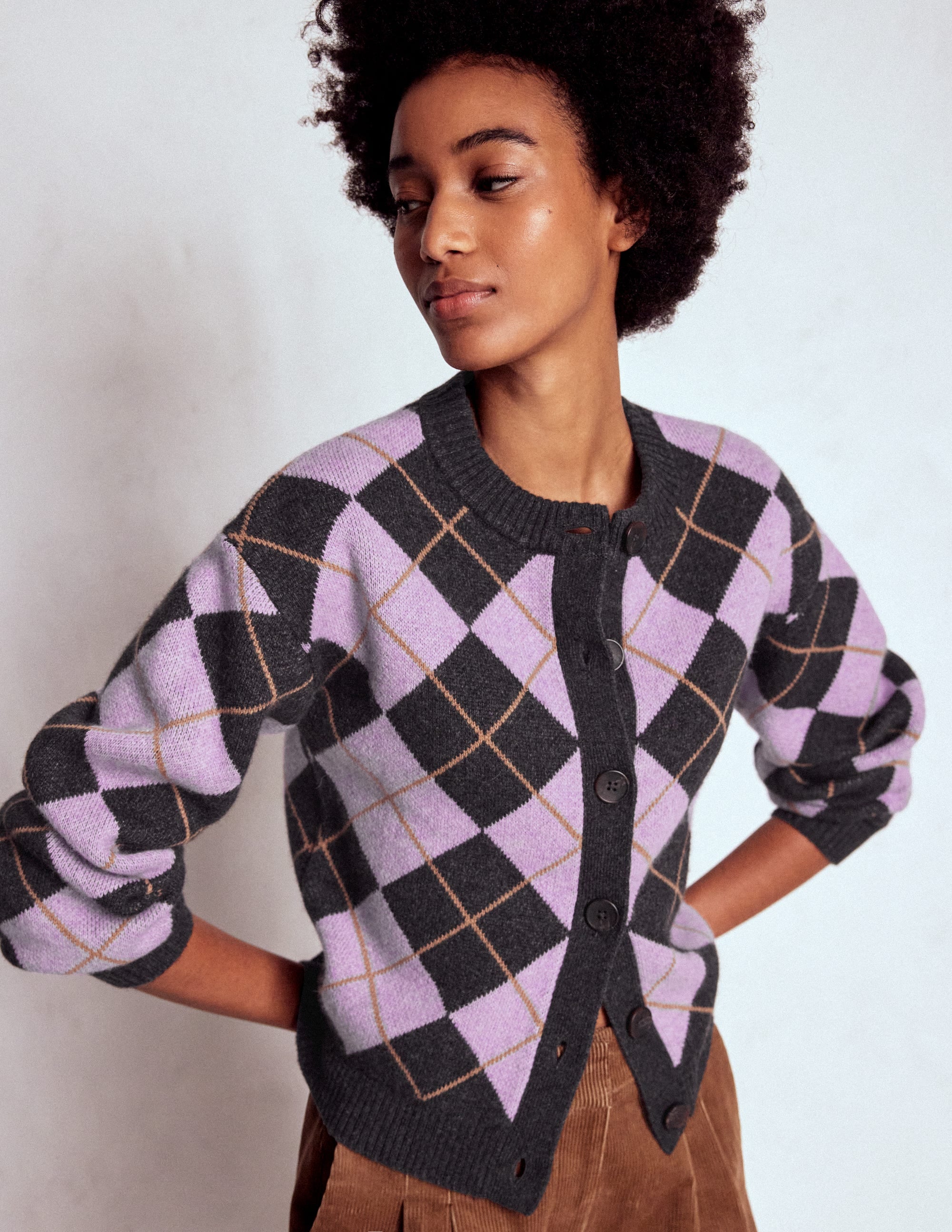 Abi Jacquard Cardigan-Lilac, Charcoal Melange Argyle - Image 1