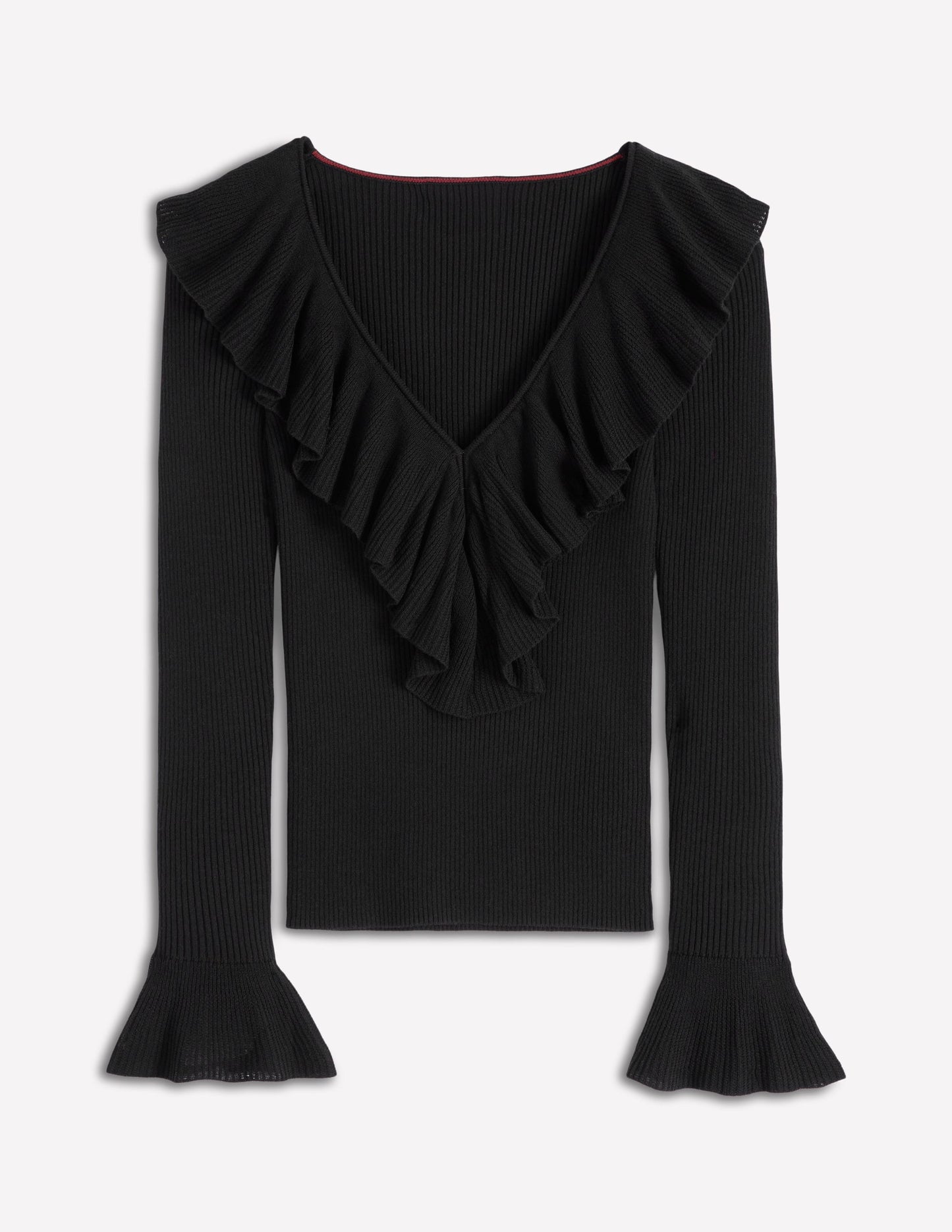 Ruffled Rib Henley Jumper-Black