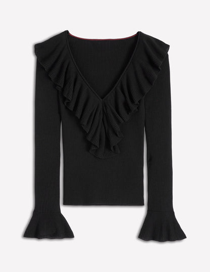 Ruffled Rib Henley Jumper-Black-5