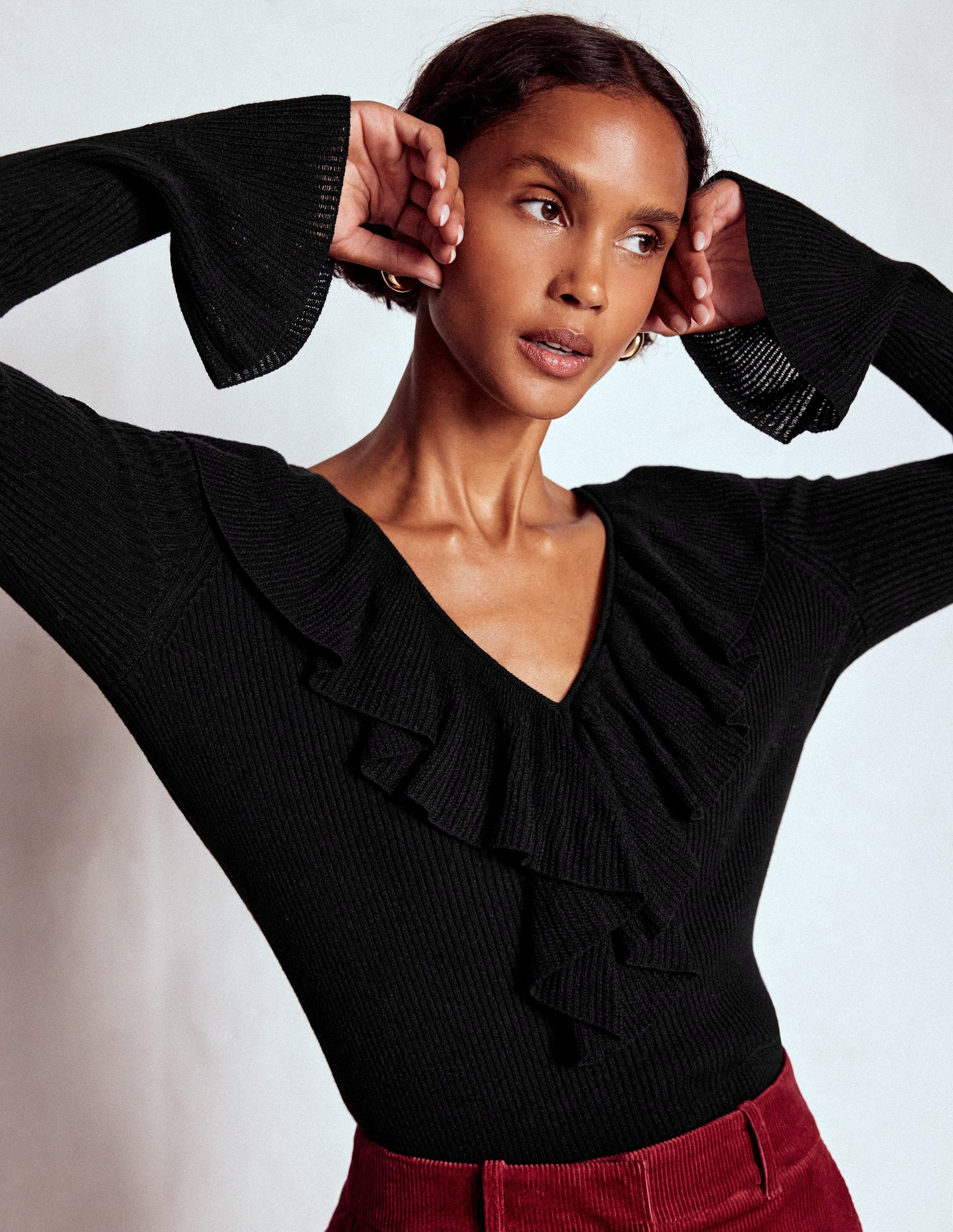 Ruffled Rib Henley Jumper-Black-1