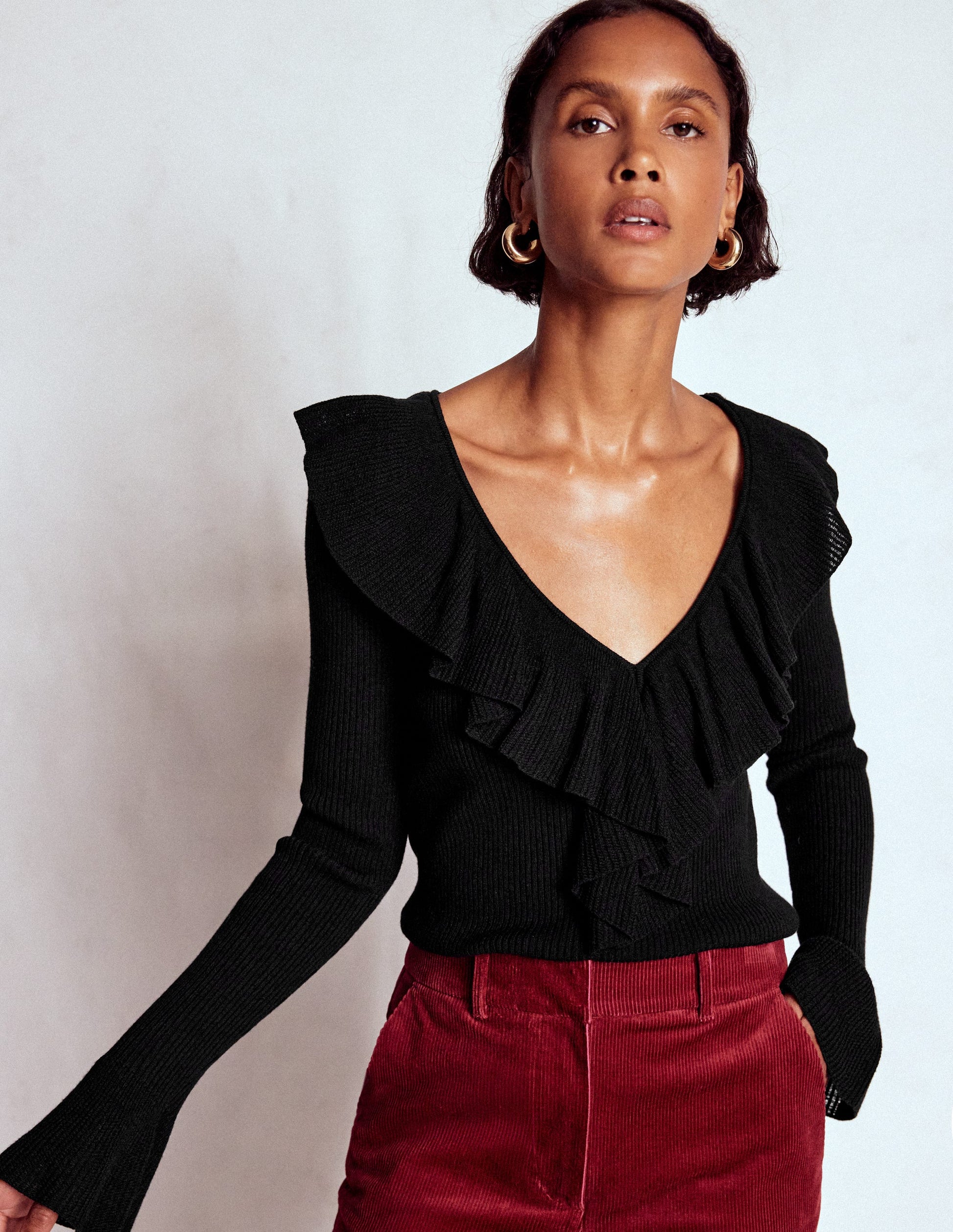 Ruffled Rib Henley Jumper-Black-2