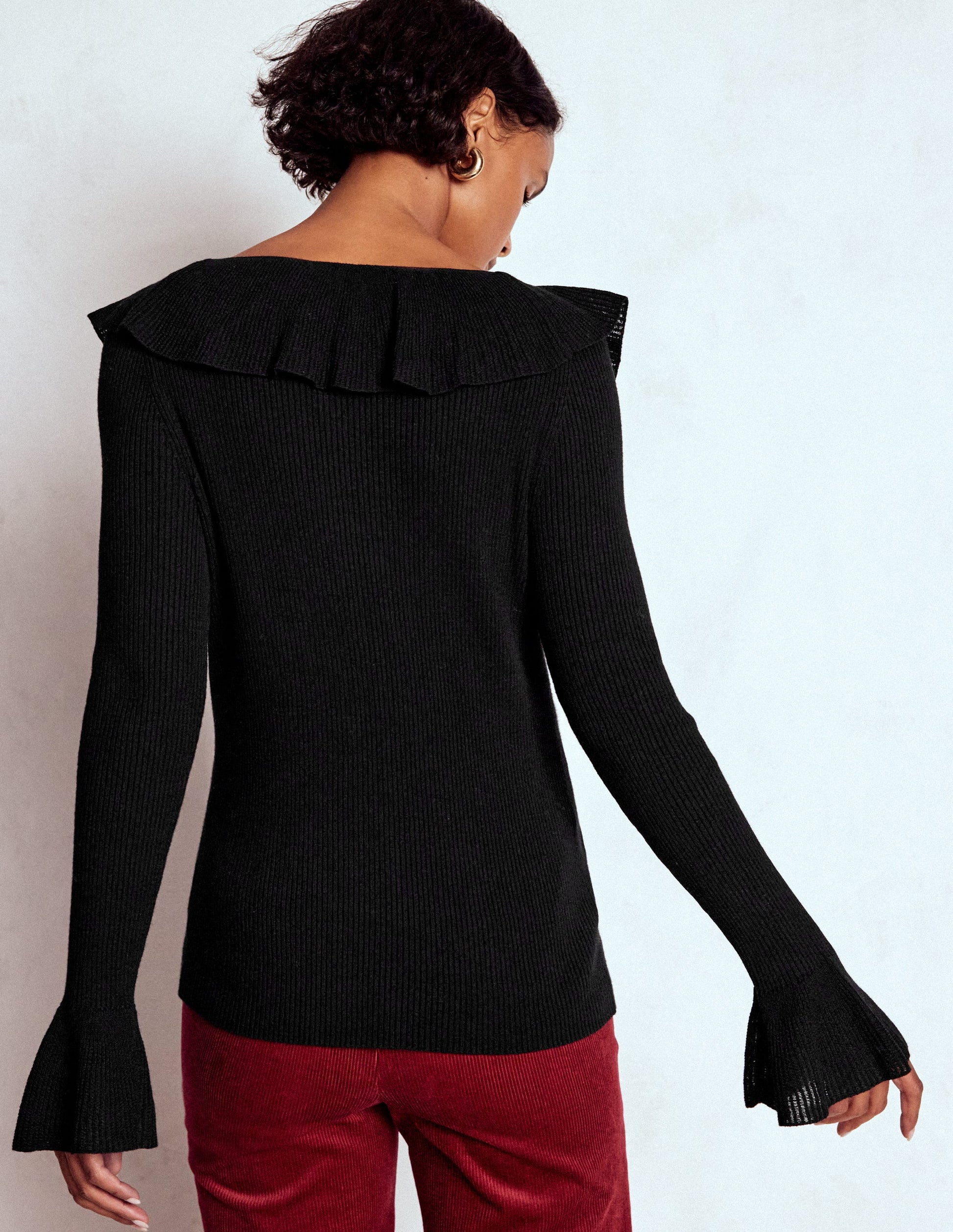 Ruffled Rib Henley Jumper-Black-3
