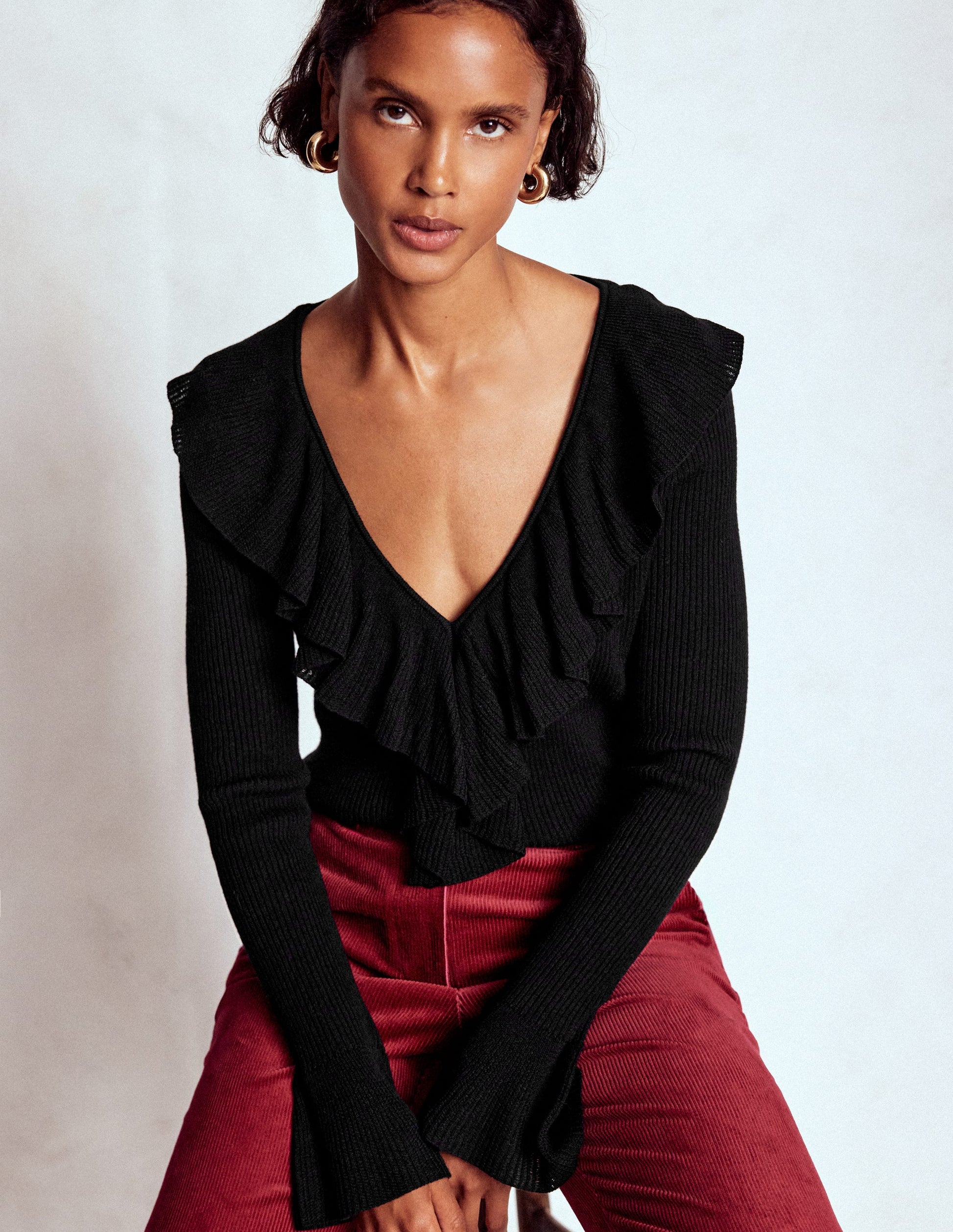 Ruffled Rib Henley Jumper-Black-4