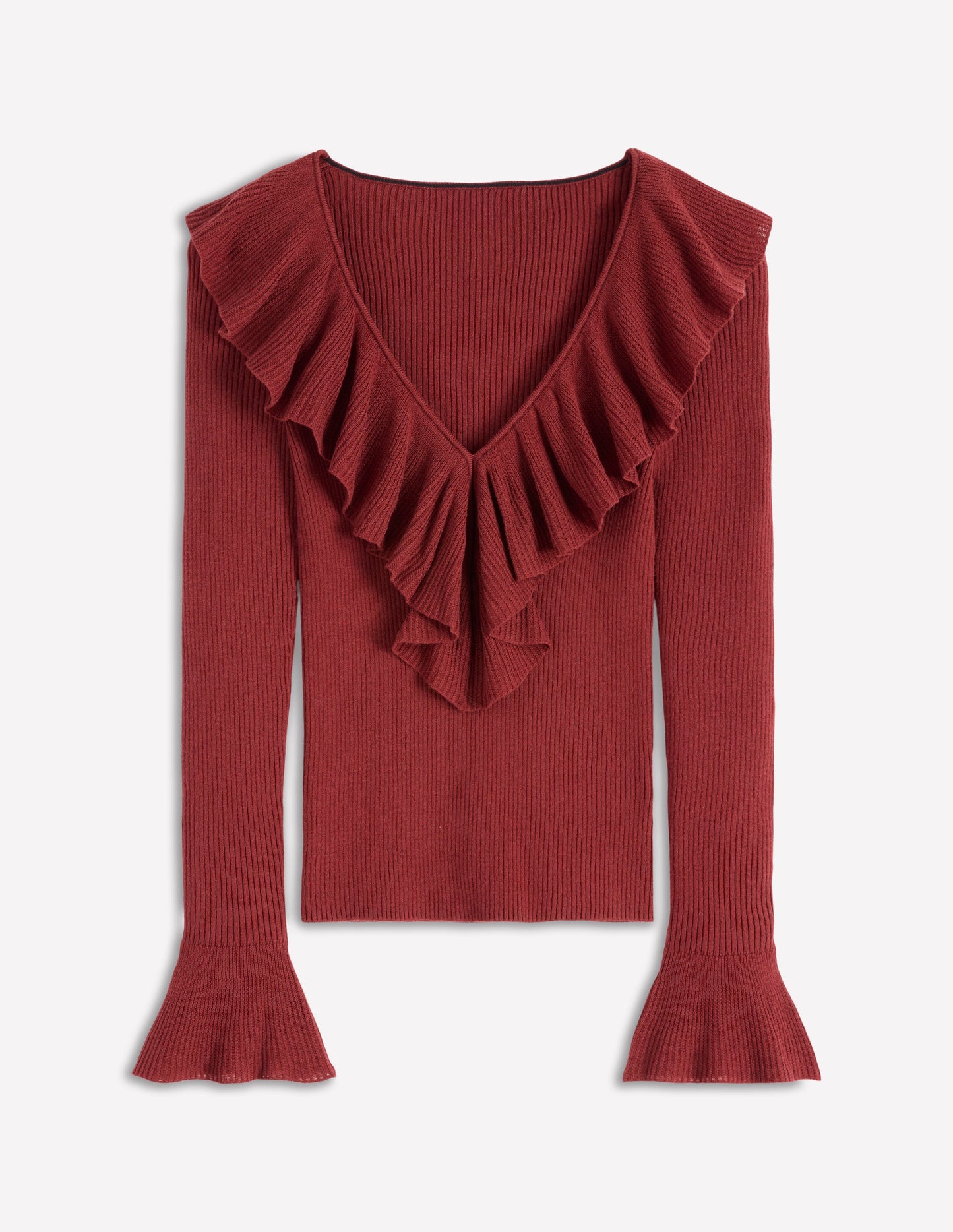 Ruffled Rib Henley Jumper-Chestnut