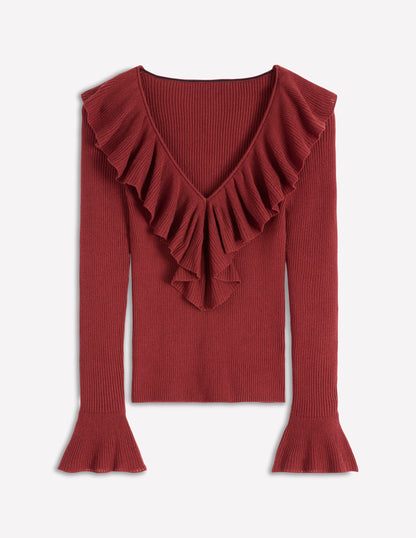 Ruffled Rib Henley Jumper-Chestnut-6