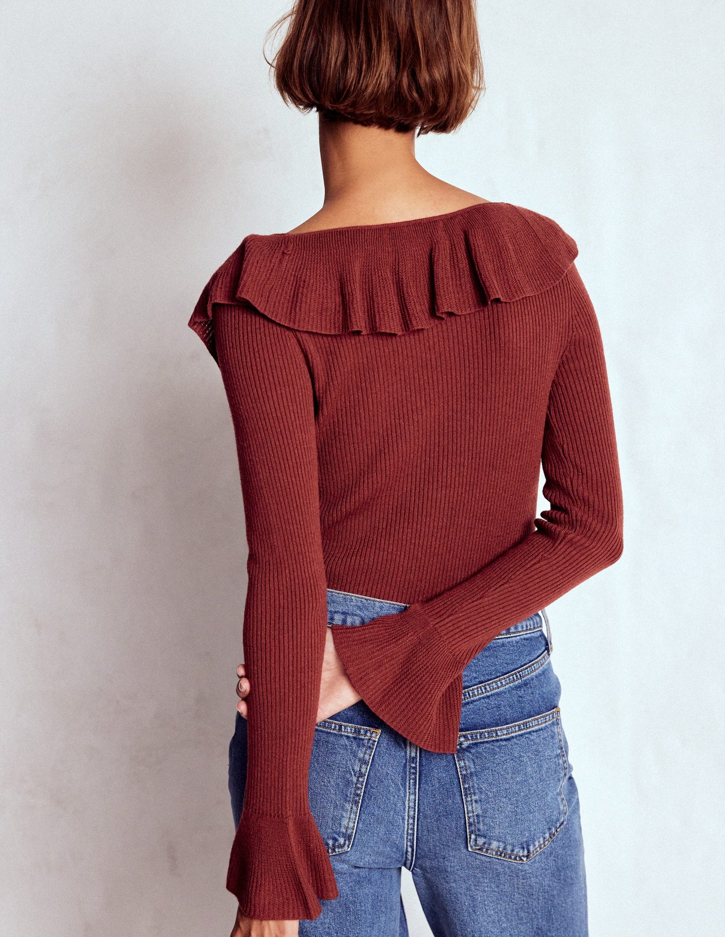 Ruffled Rib Henley Jumper-Chestnut