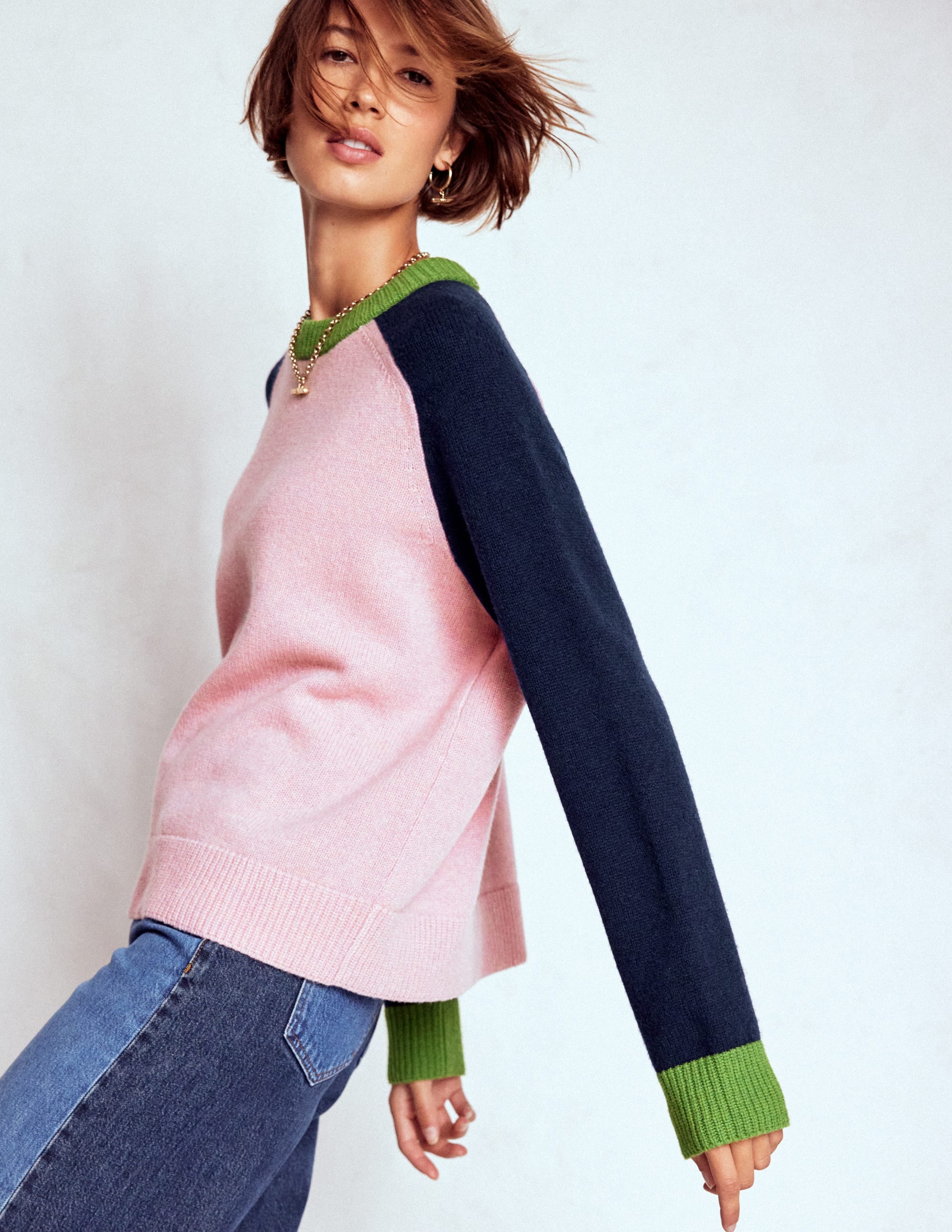Marion Merino Jumper-French Pink, Navy Colour Block - Image 1