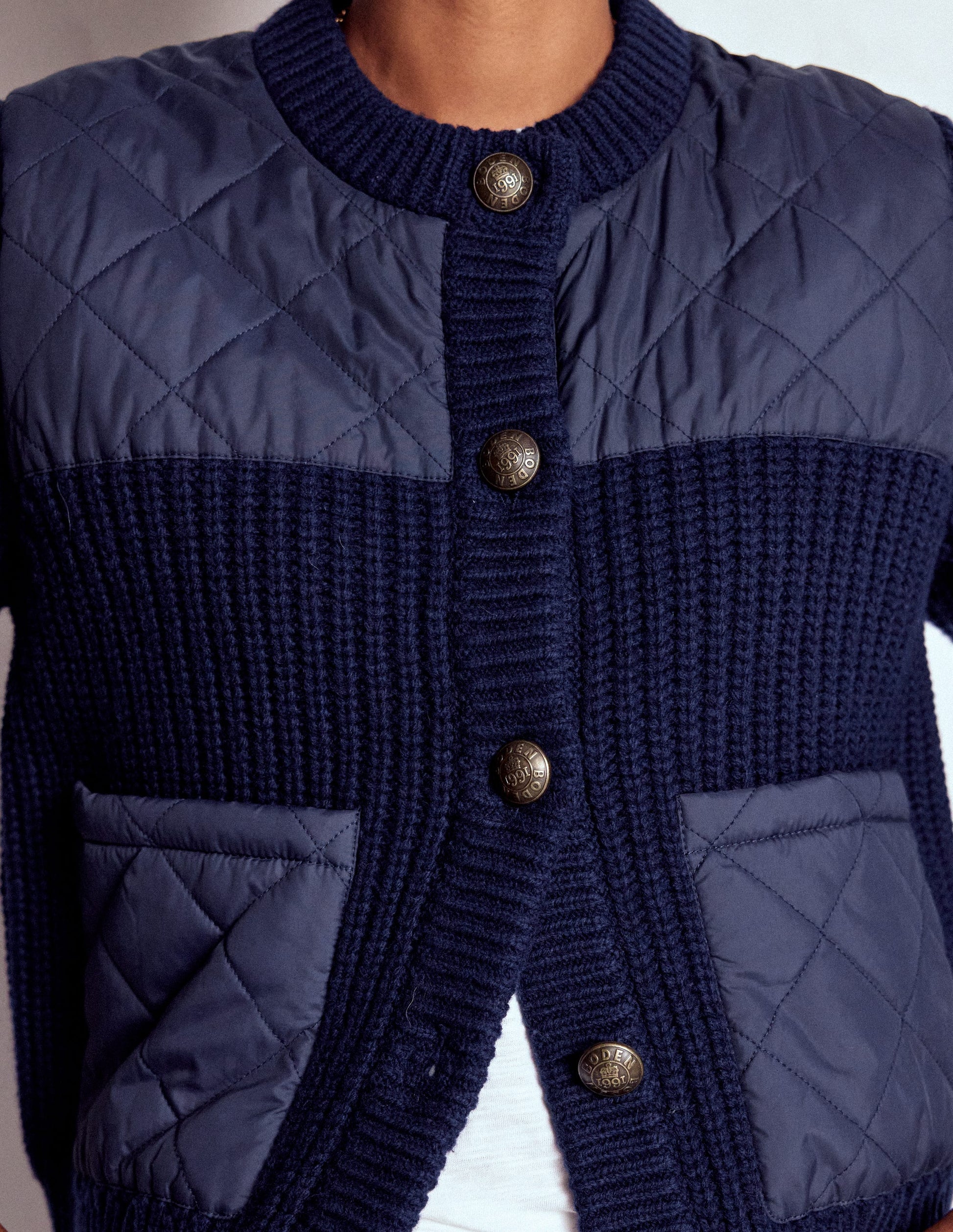 Short Quilted Knitted Jacket-Navy-2
